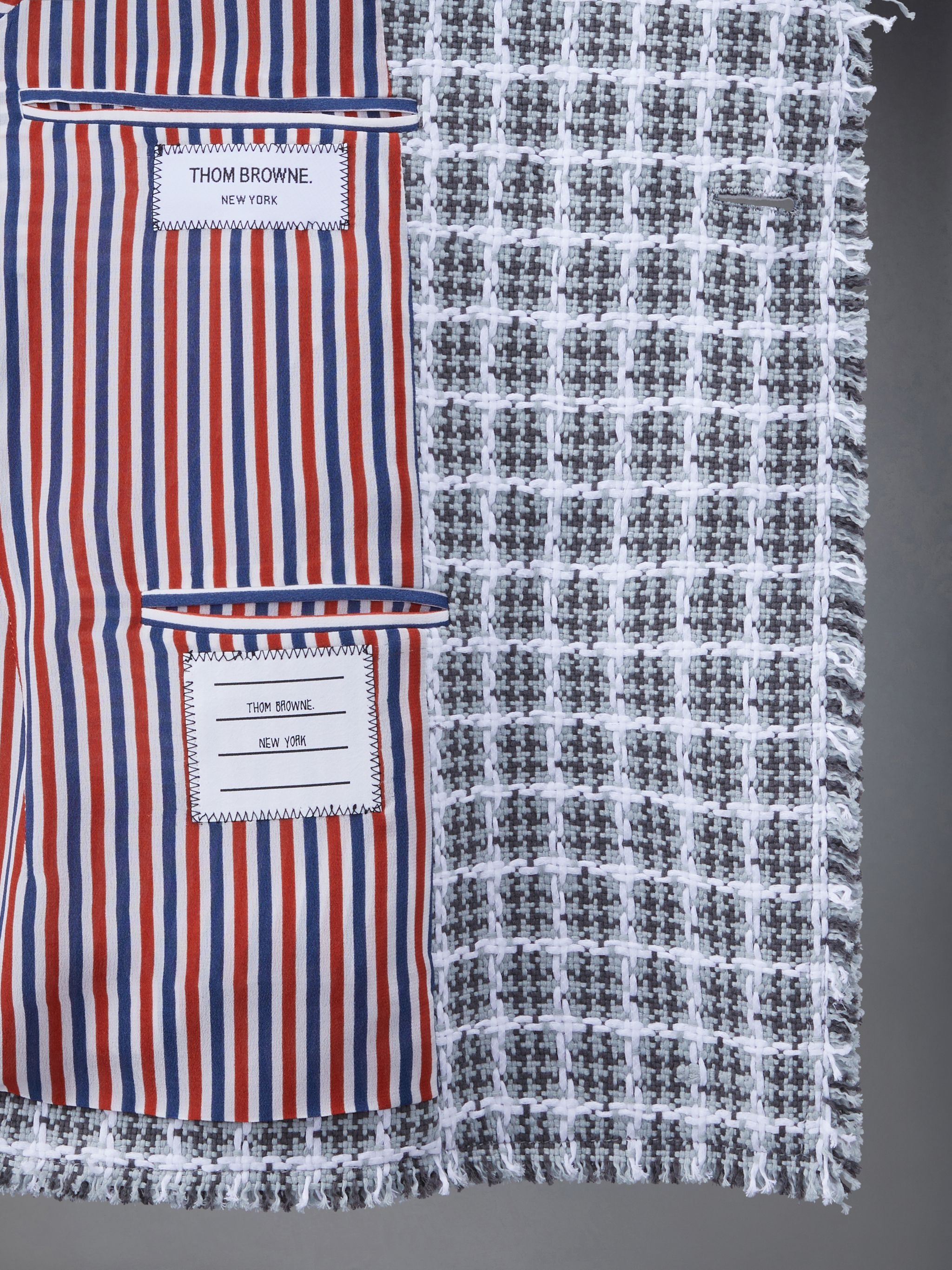 Thom Browne Check Summer Tweed Fray Cropped Sack Sport Coat