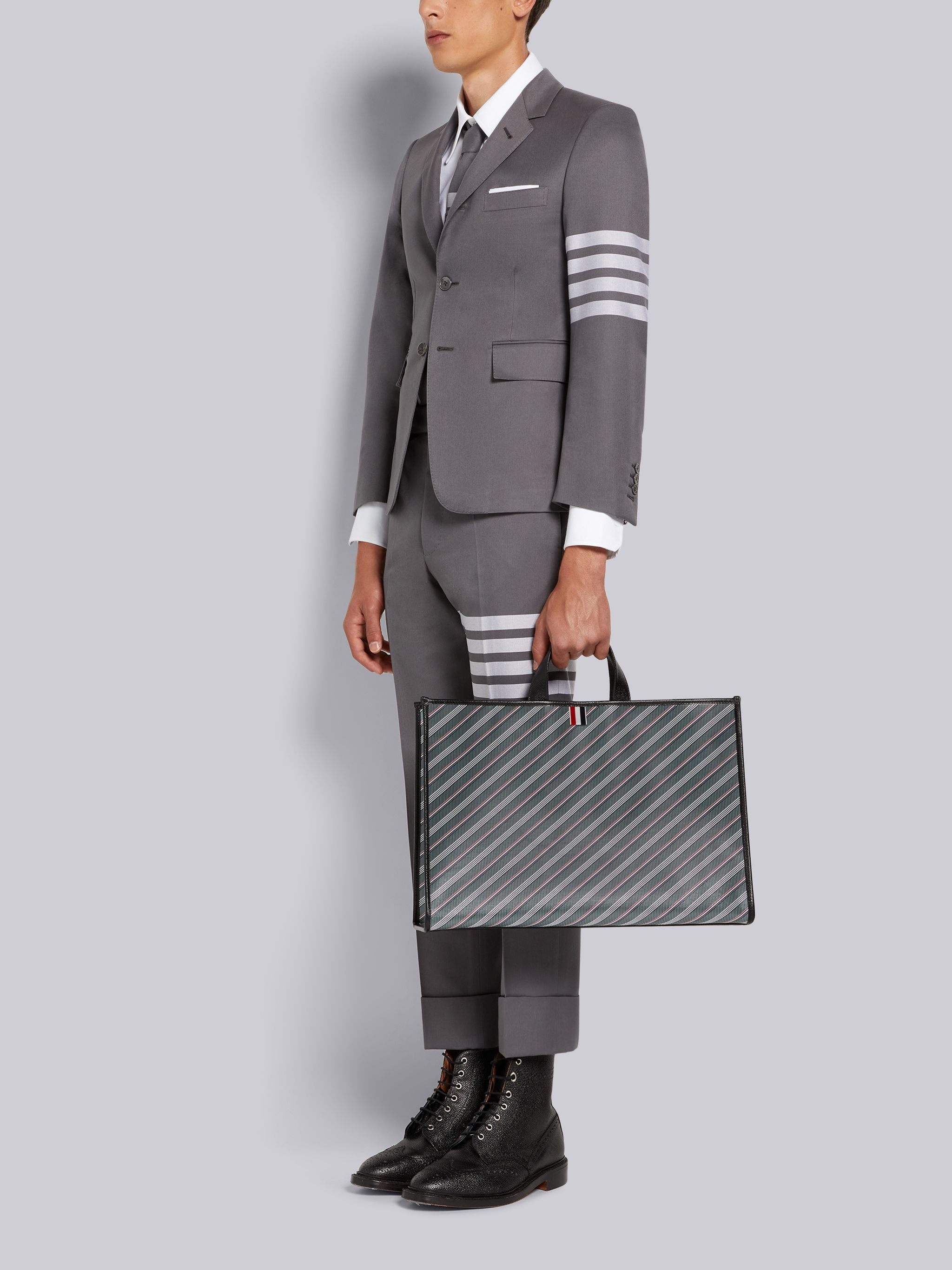 Medium Grey Monogram Stripe Coated Canvas Leather Detail Squared Tote - 6