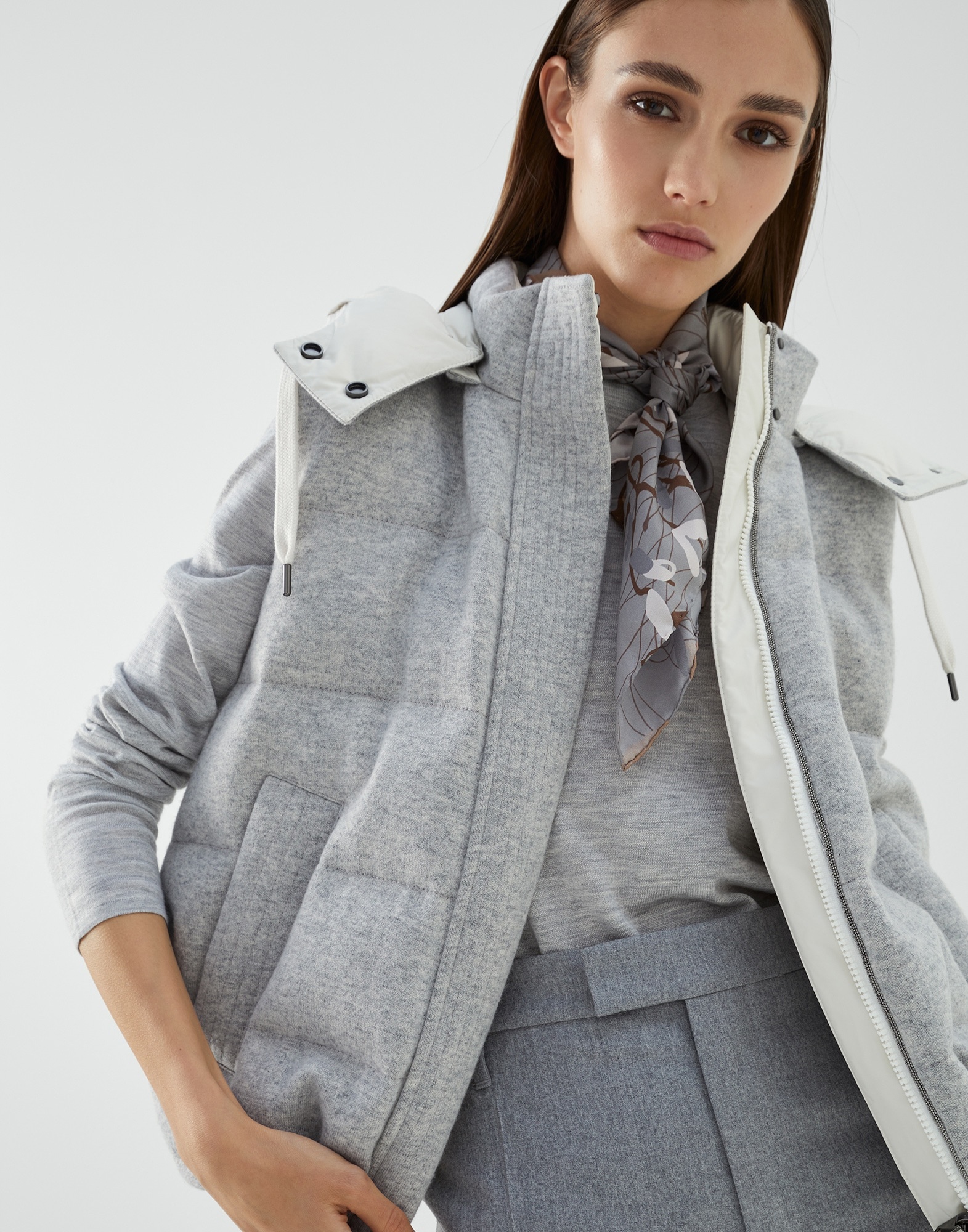Cashmere knit reversible down vest with hood and shiny trim - 4