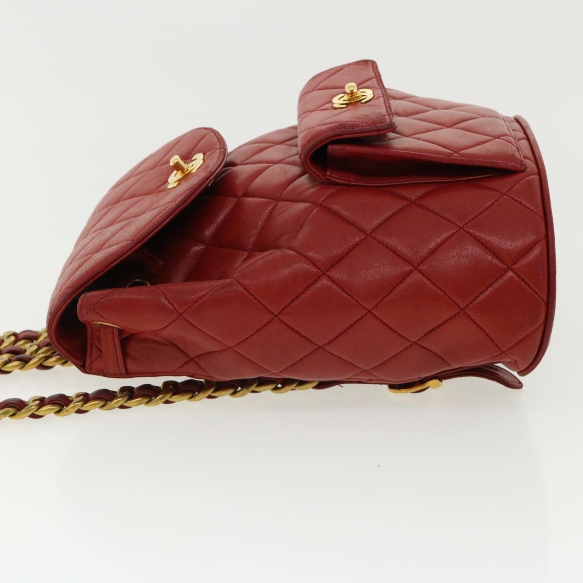CHANEL Matelasse Chain Hand Bag Lamb Skin Red CC - 4