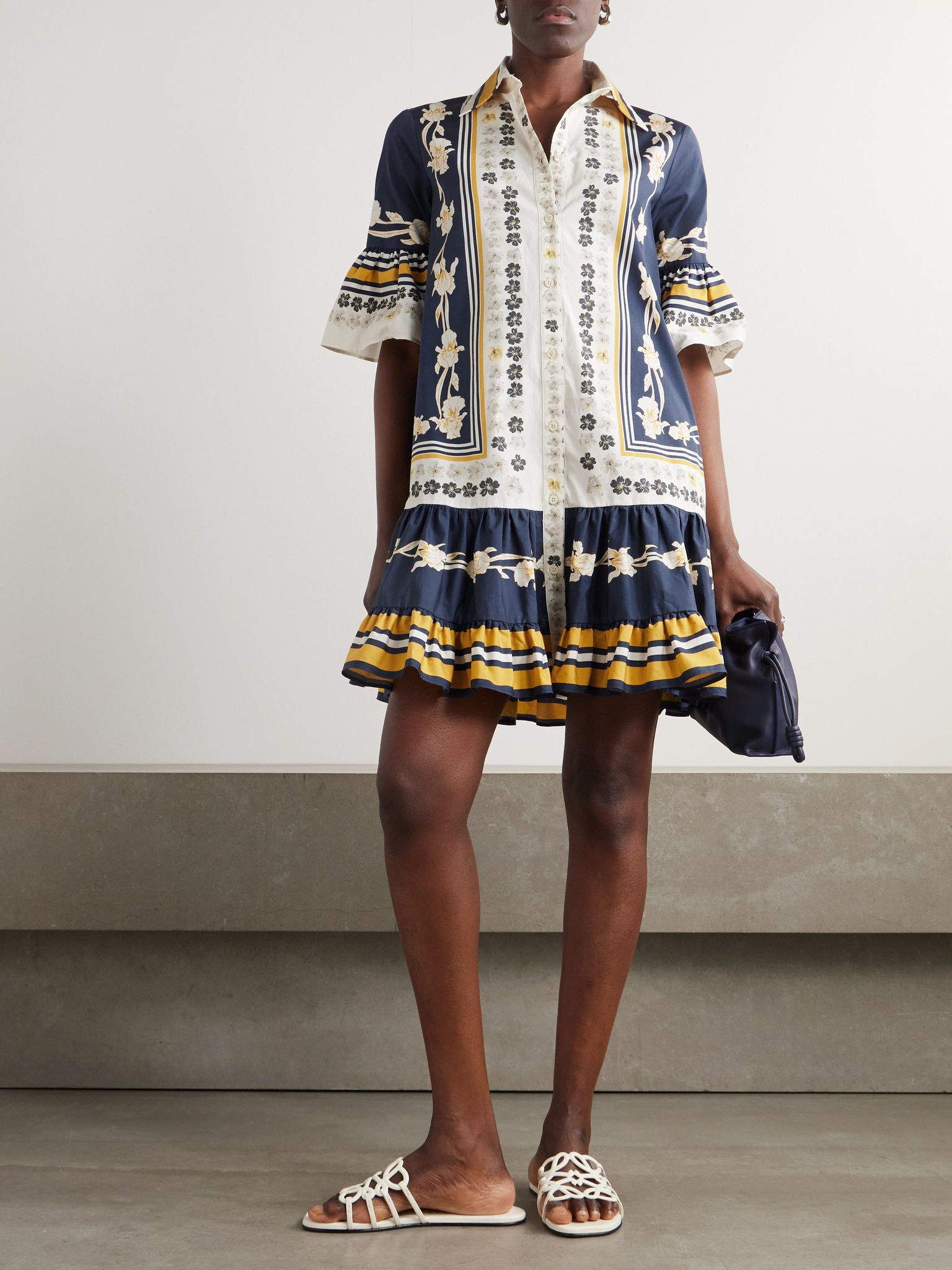 Choux printed cotton-poplin mini shirt dress Blue - 2