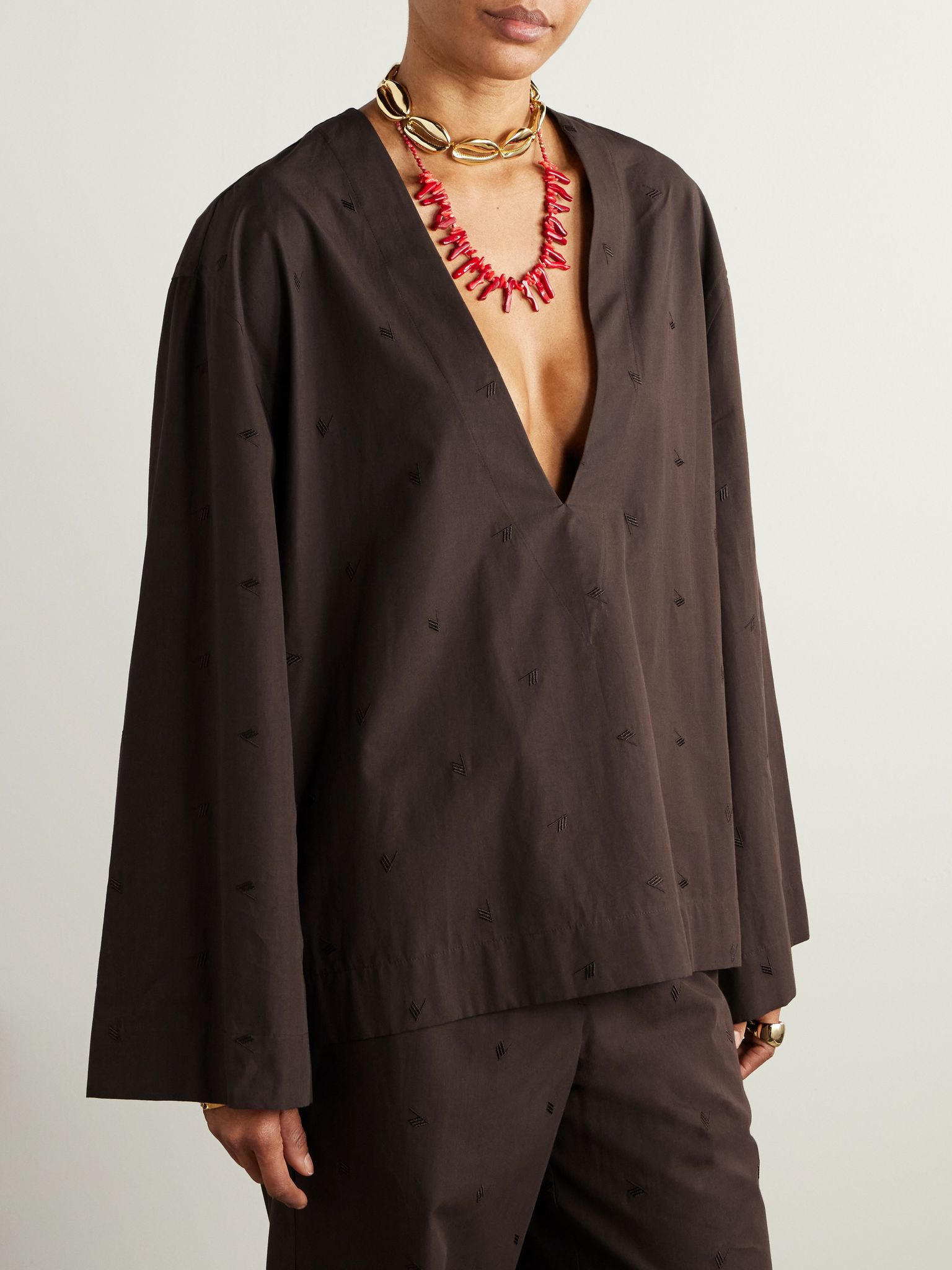 Embroidered cotton-blend poplin blouse Brown - 3