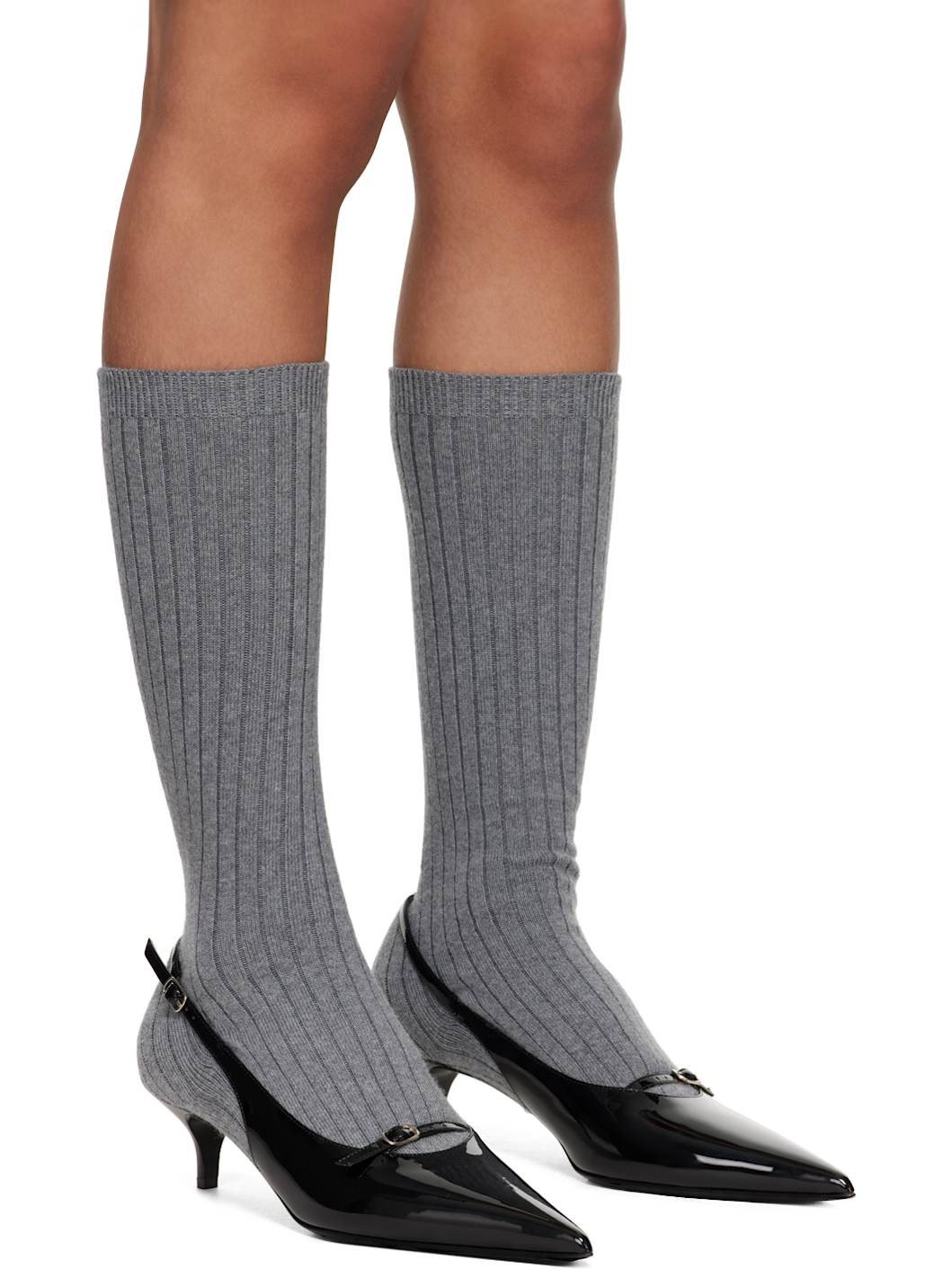 Gray & Black Ribbed Sock Boot Heels - 4