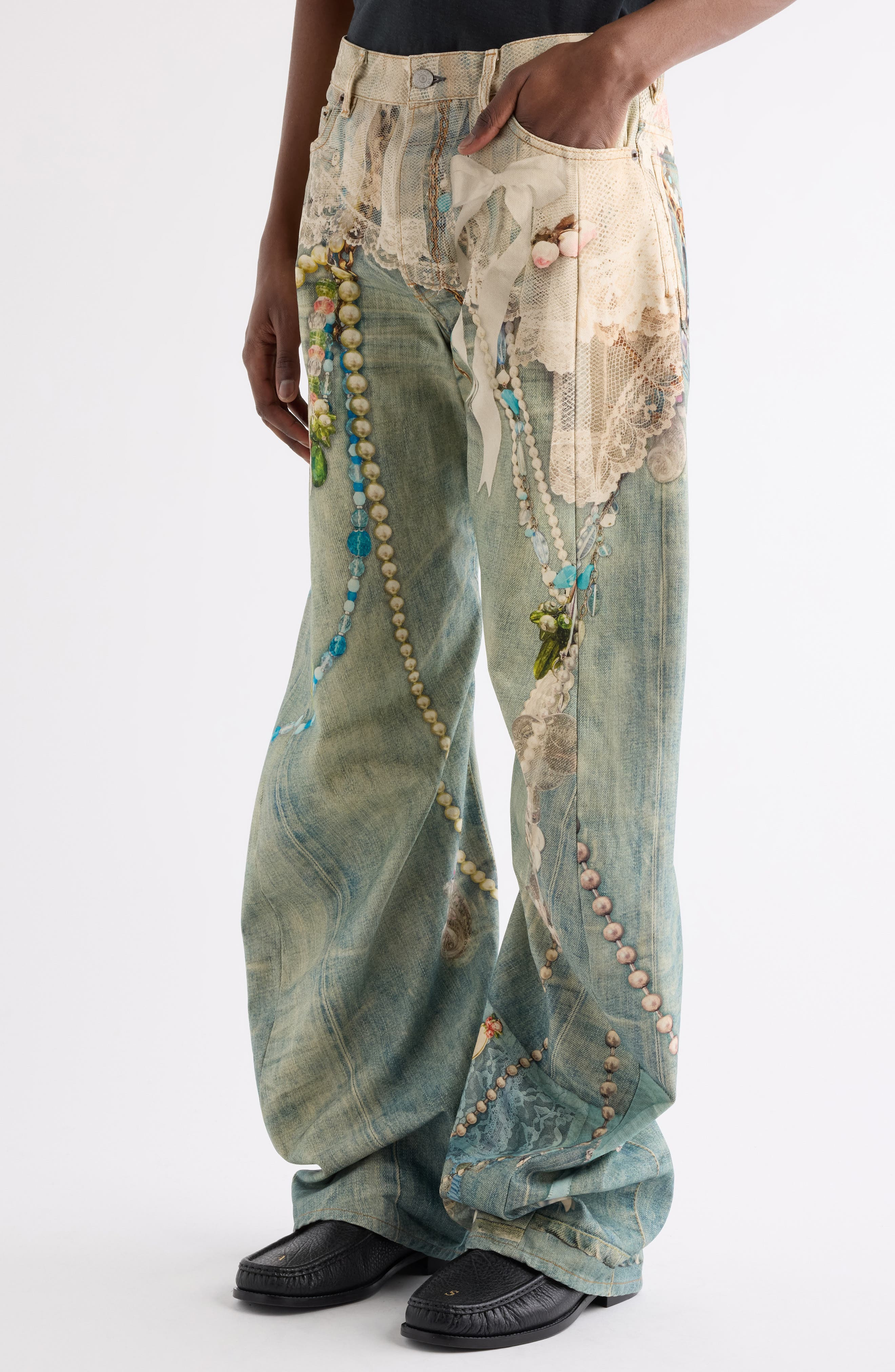 Acne Studios 2006M Relaxed Fit Trompe l'Oeil Jeans in White/Green/Denim at Nordstrom - 5