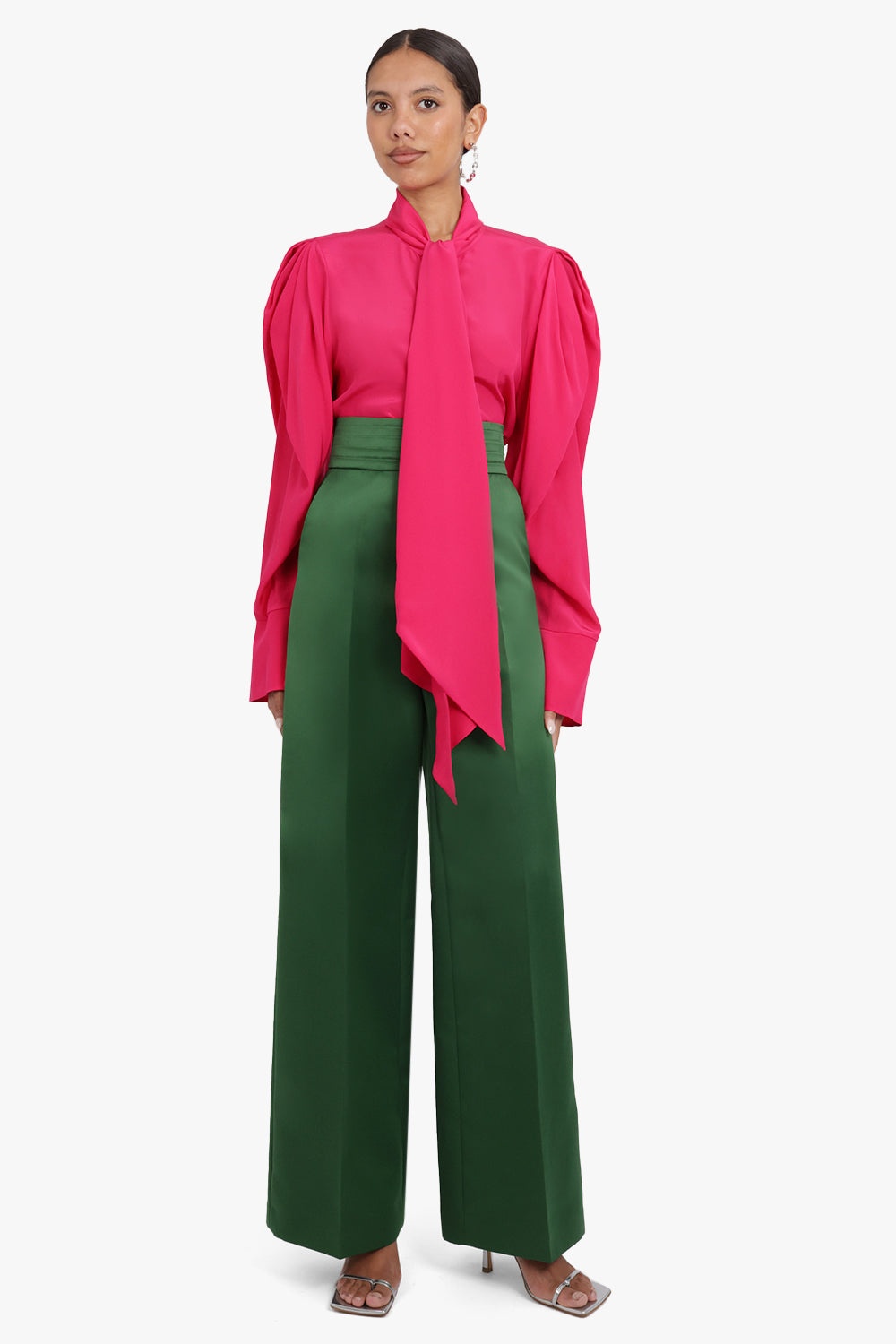 CREPE DE CHINE NECK-TIE PUFF SLEEVE SHIRT | FUSCHIA - 2