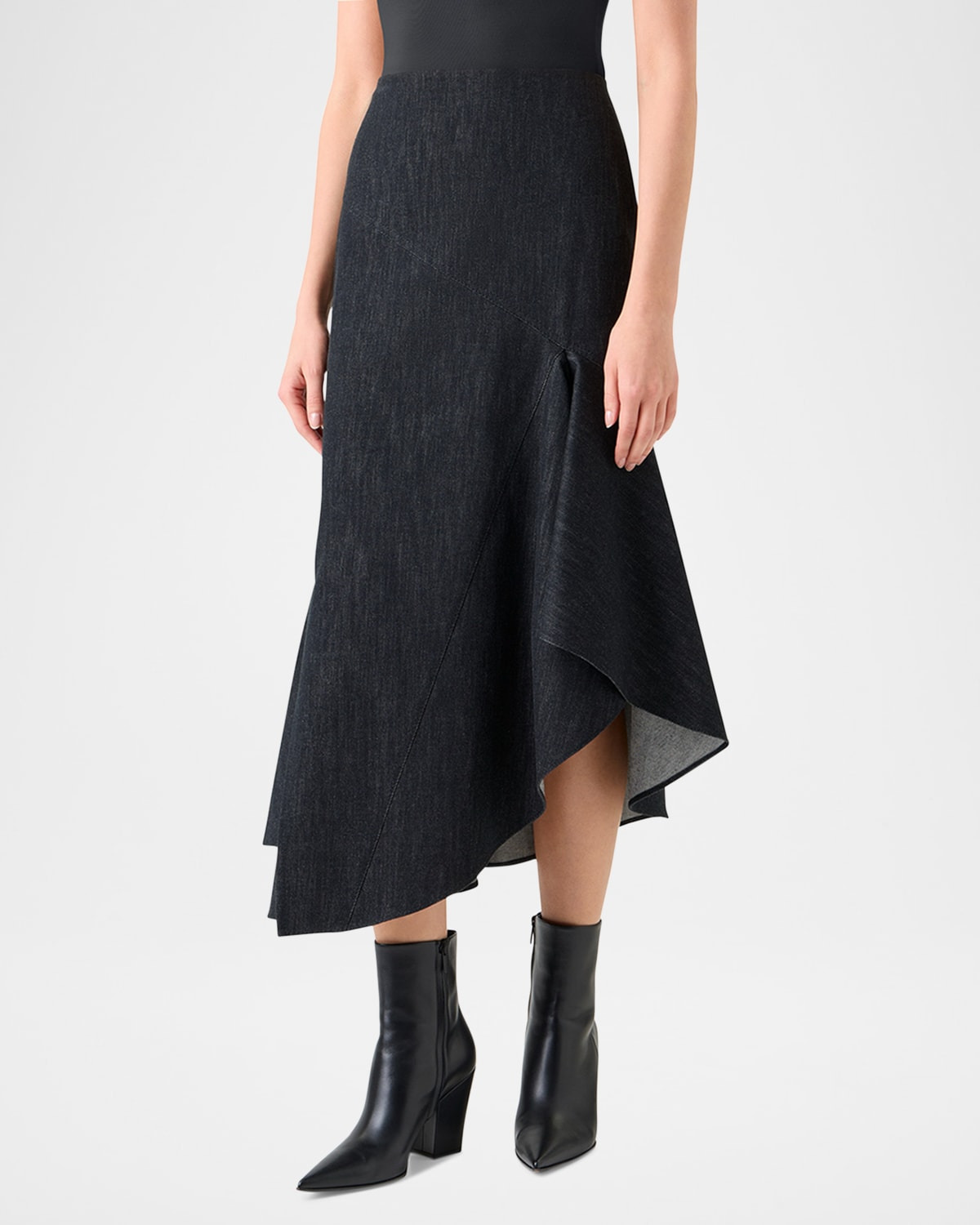 Asymmetric Flared-Hem Stretch Denim Midi Skirt - 4