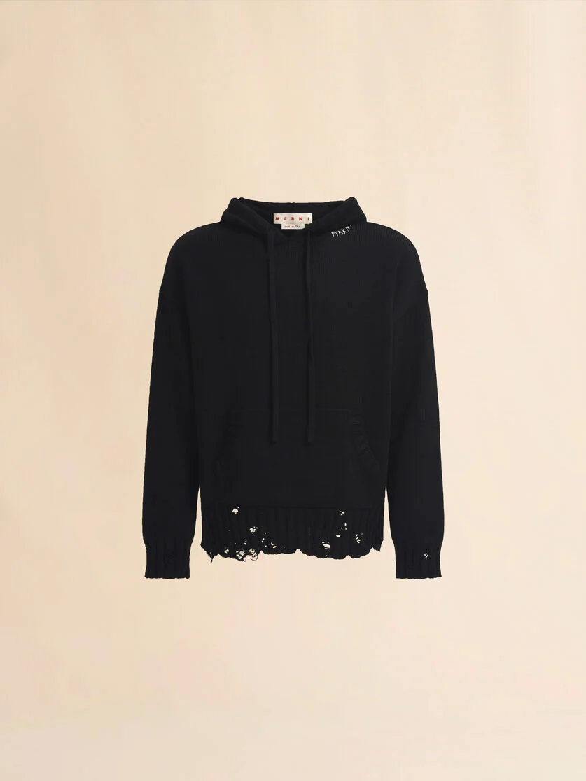 BLACK DISHEVELLED COTTON HOODIE WITH MARNI MENDING - 1