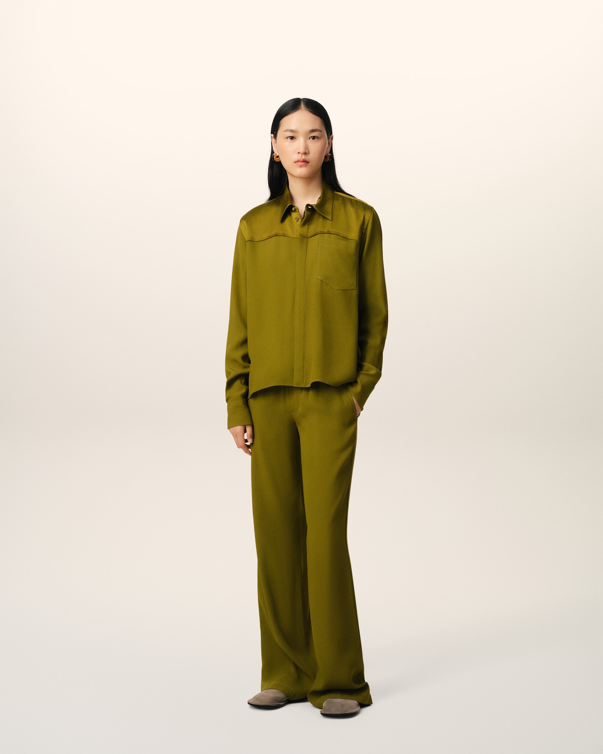 KHAKI CONTRASTED TOP LONG SLEEVE SHIRT - 2
