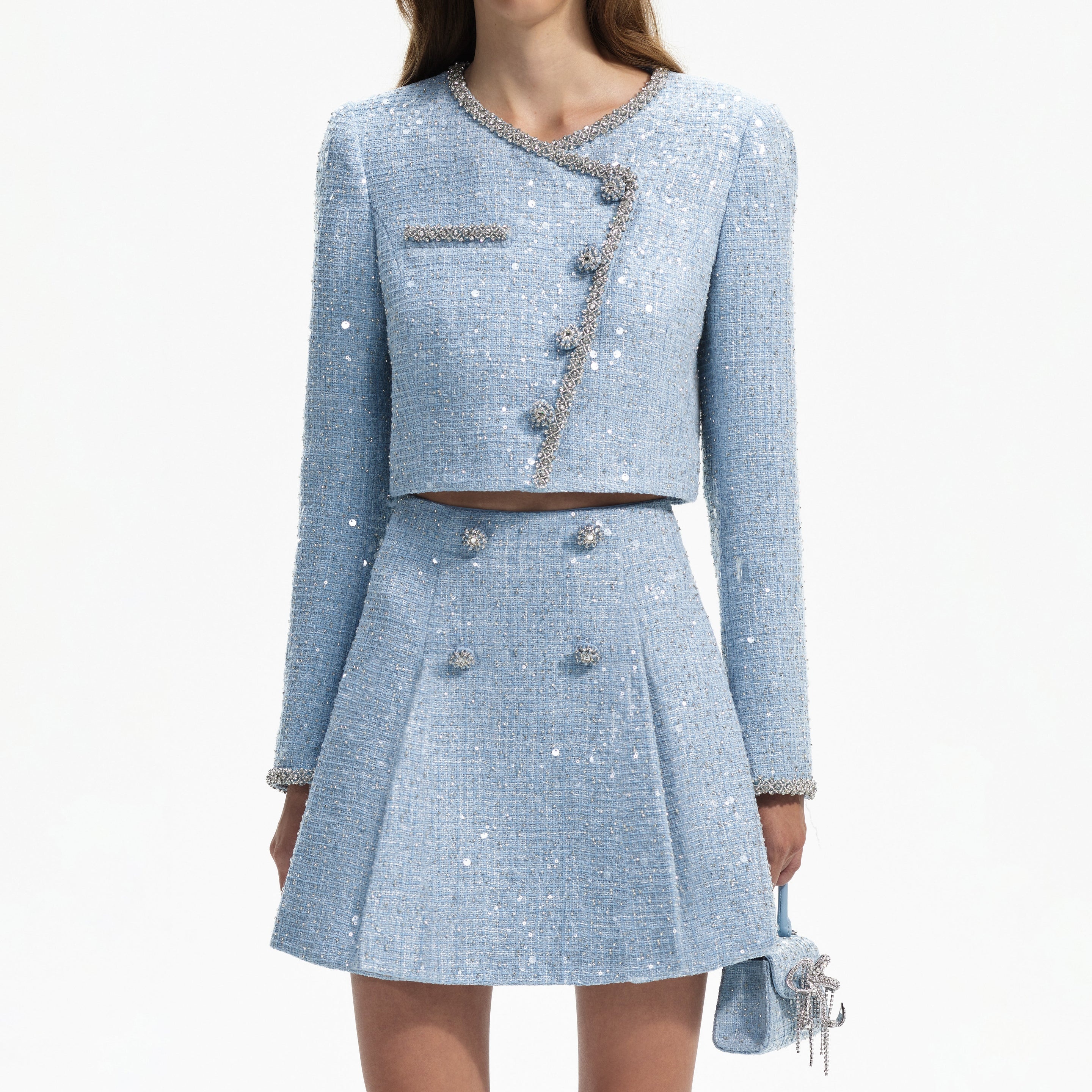 Blue Sequin Boucle Cropped Jacket - 4