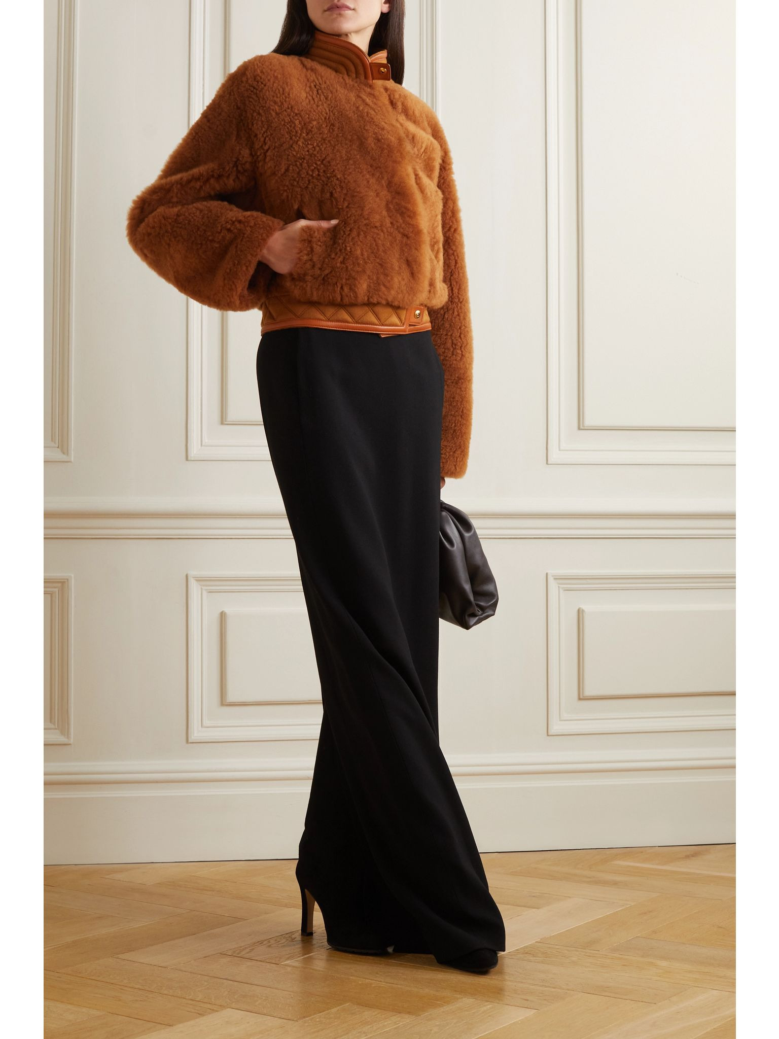 Leather and quilted cashmere-trimmed shearling jacket Brown - 2
