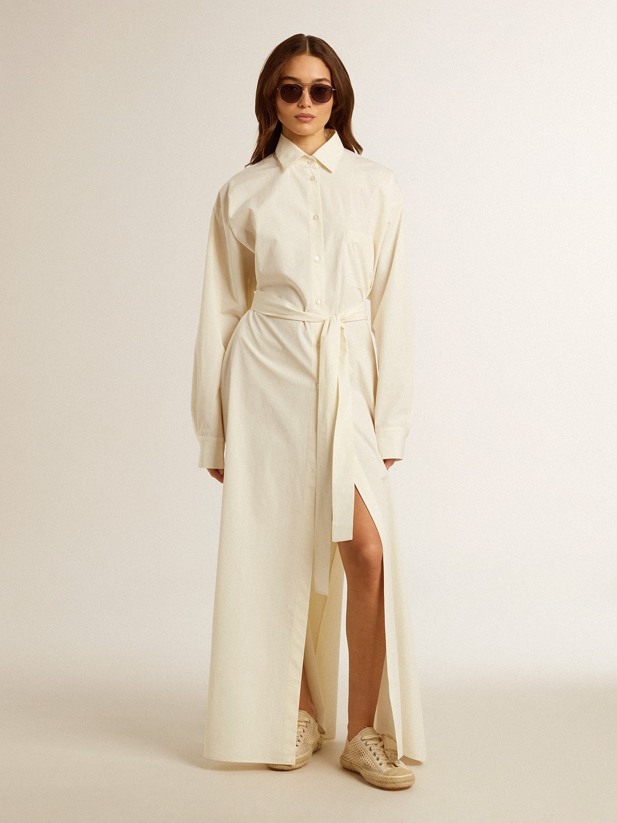 Long shirt dress in solid color cotton poplin - 2