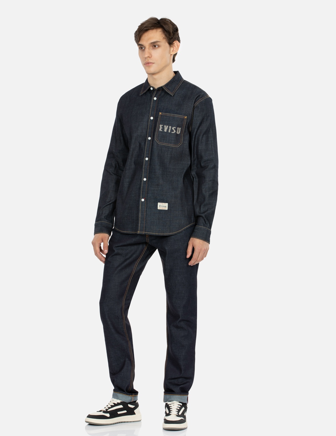 KUMADORI DARUMA DAICOCK PRINT REGULAR FIT DENIM SHIRT - 4