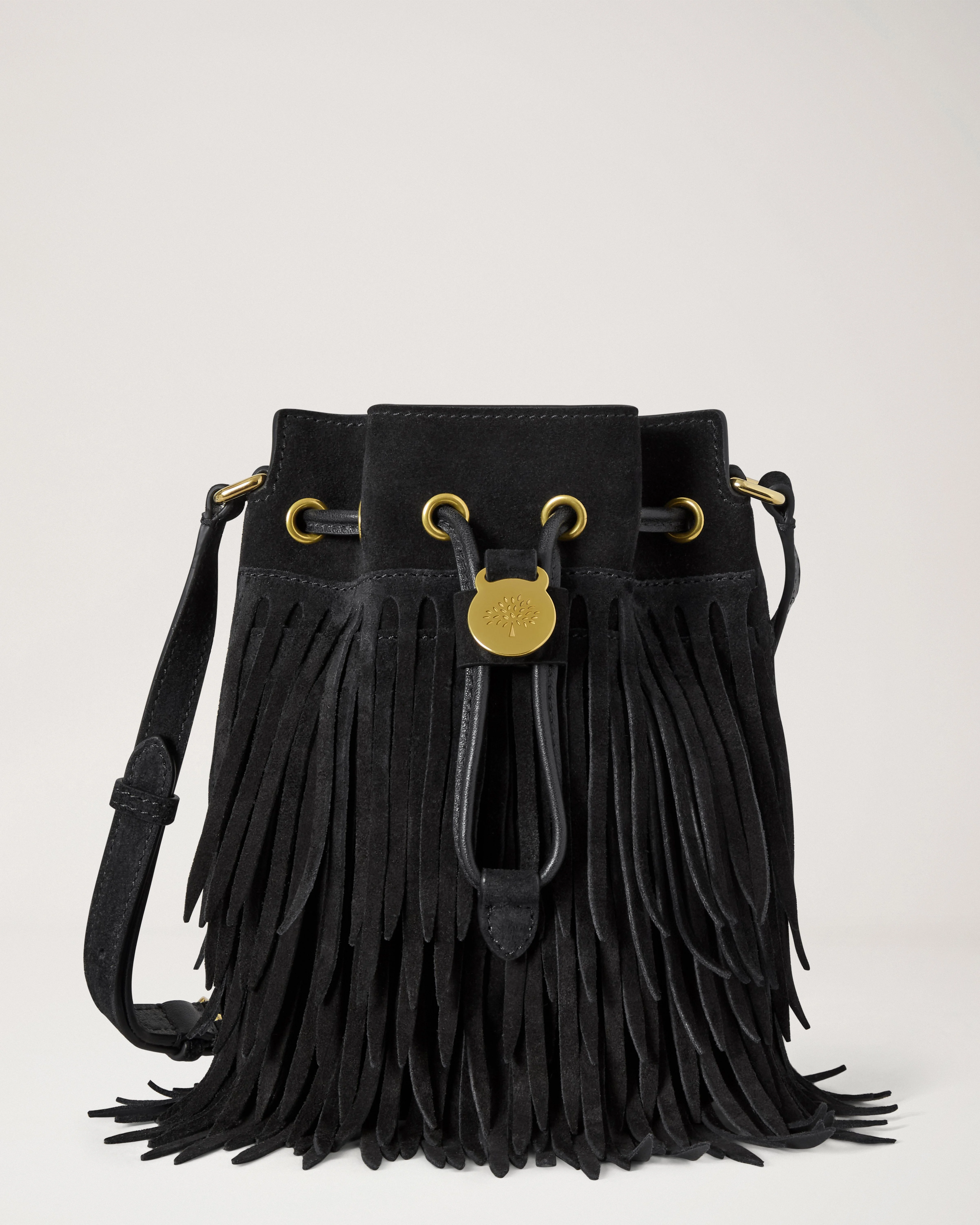 Mini Drawstring Bucket Black Suede Fringing - 1