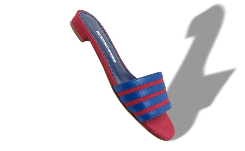 Manolo Blahnik Red And Blue Linen Flat Mules outlook
