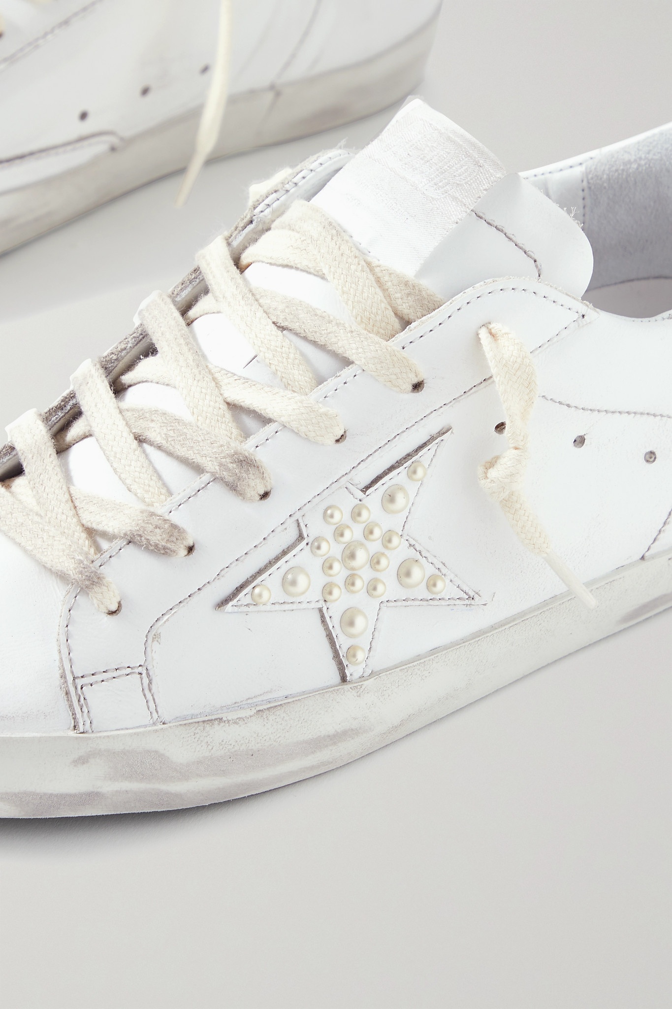 Superstar crystal-embellished distressed leather and suede sneakers - 6