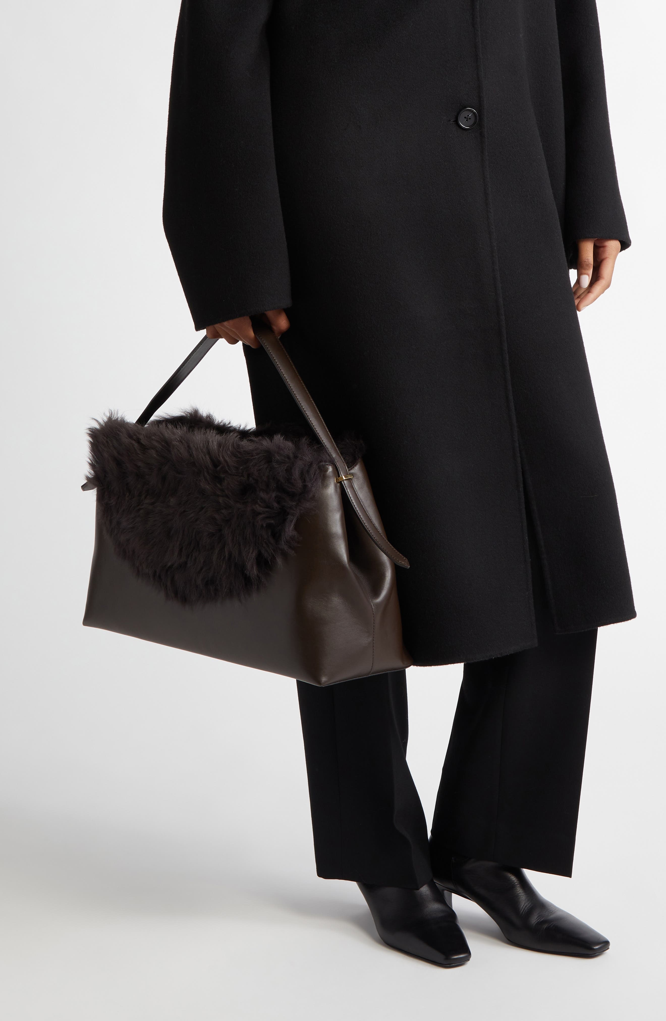 TOTEME T-Lock Leather & Genuine Shearling Top Handle Bag in Bark at Nordstrom - 2
