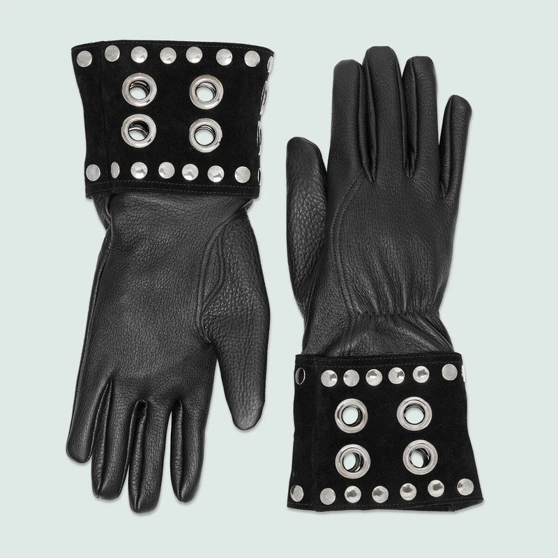 Leather gloves with stud and eyelet 1