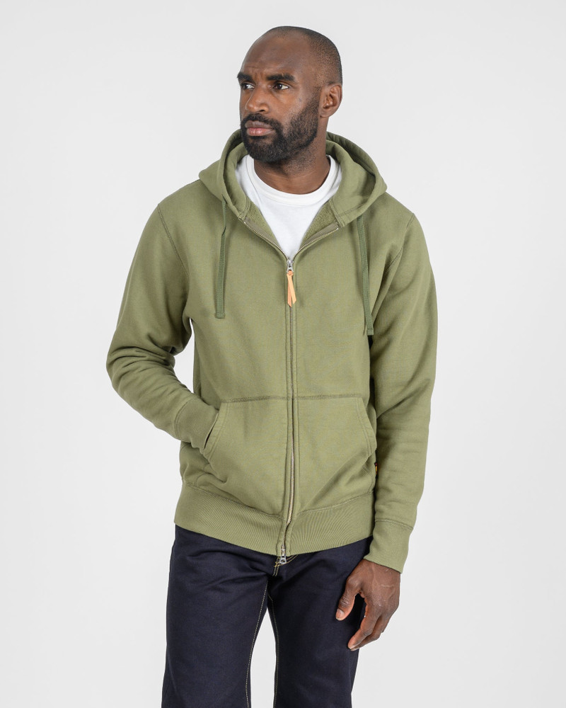 Iron Heart IHSW-10-OLV 14oz Ultra Heavyweight Loopwheel Cotton Zippered Hoodie - Olive outlook