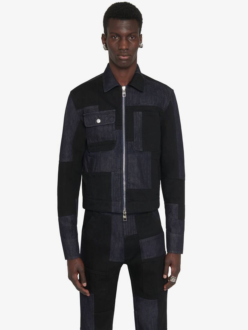 Men's Patchwork Denim Jacket in Indigo/black - 5