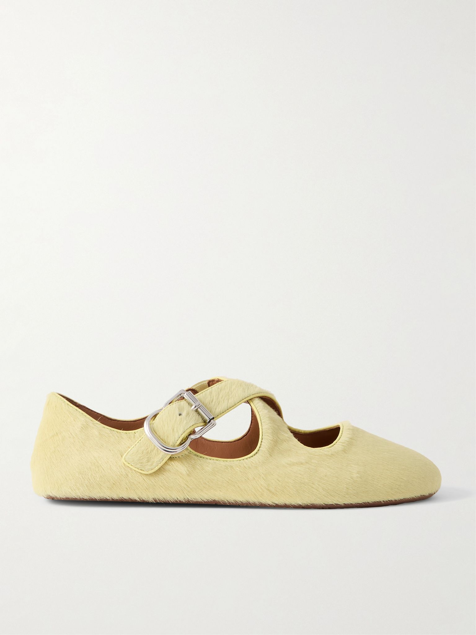 Criss Cross leather-trimmed calf hair ballet flats Yellow - 1