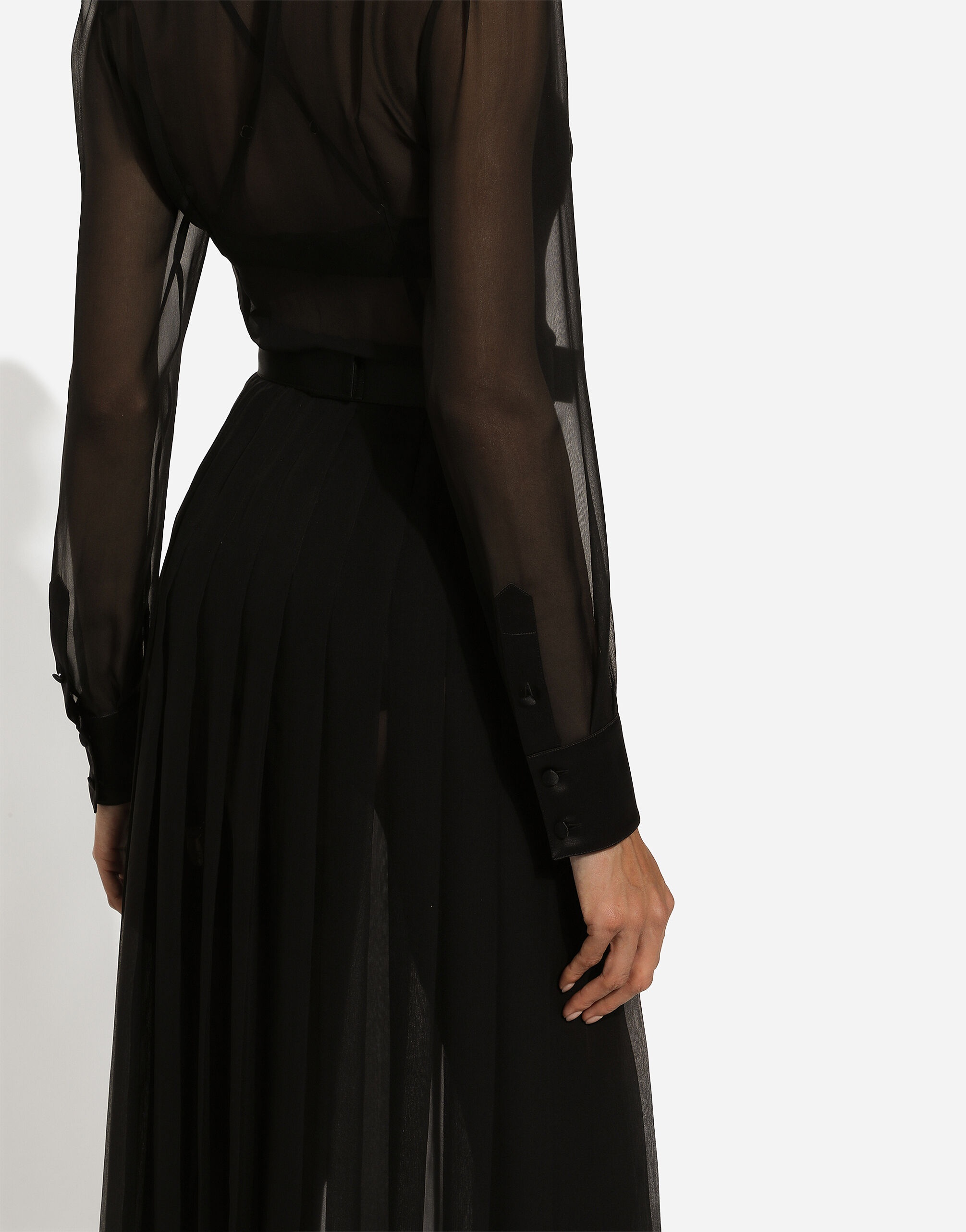 Chiffon calf-length shirt dress with satin details - 9