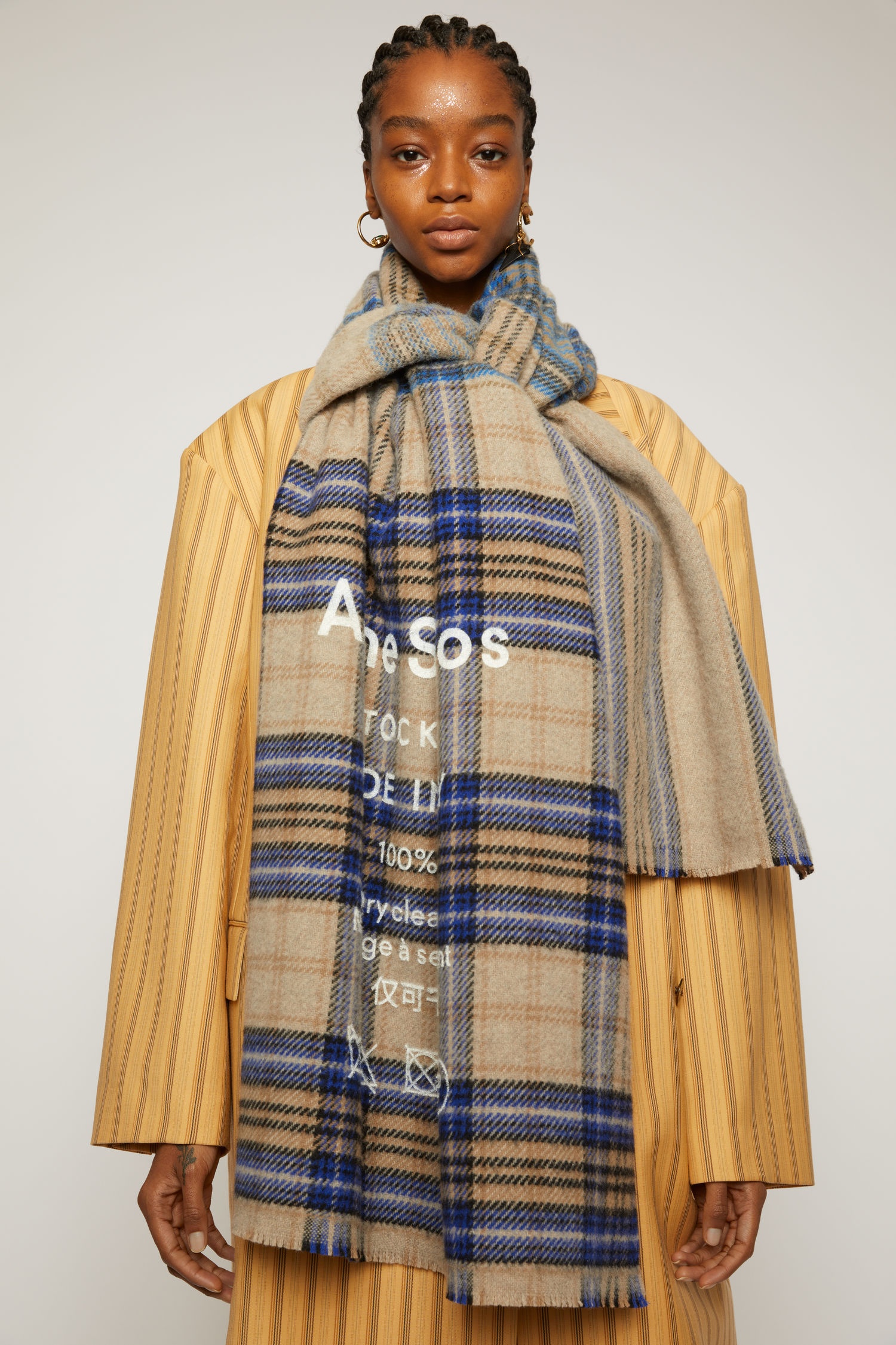 Checked logo scarf - Oatmeal Beige / Blue Check - 3