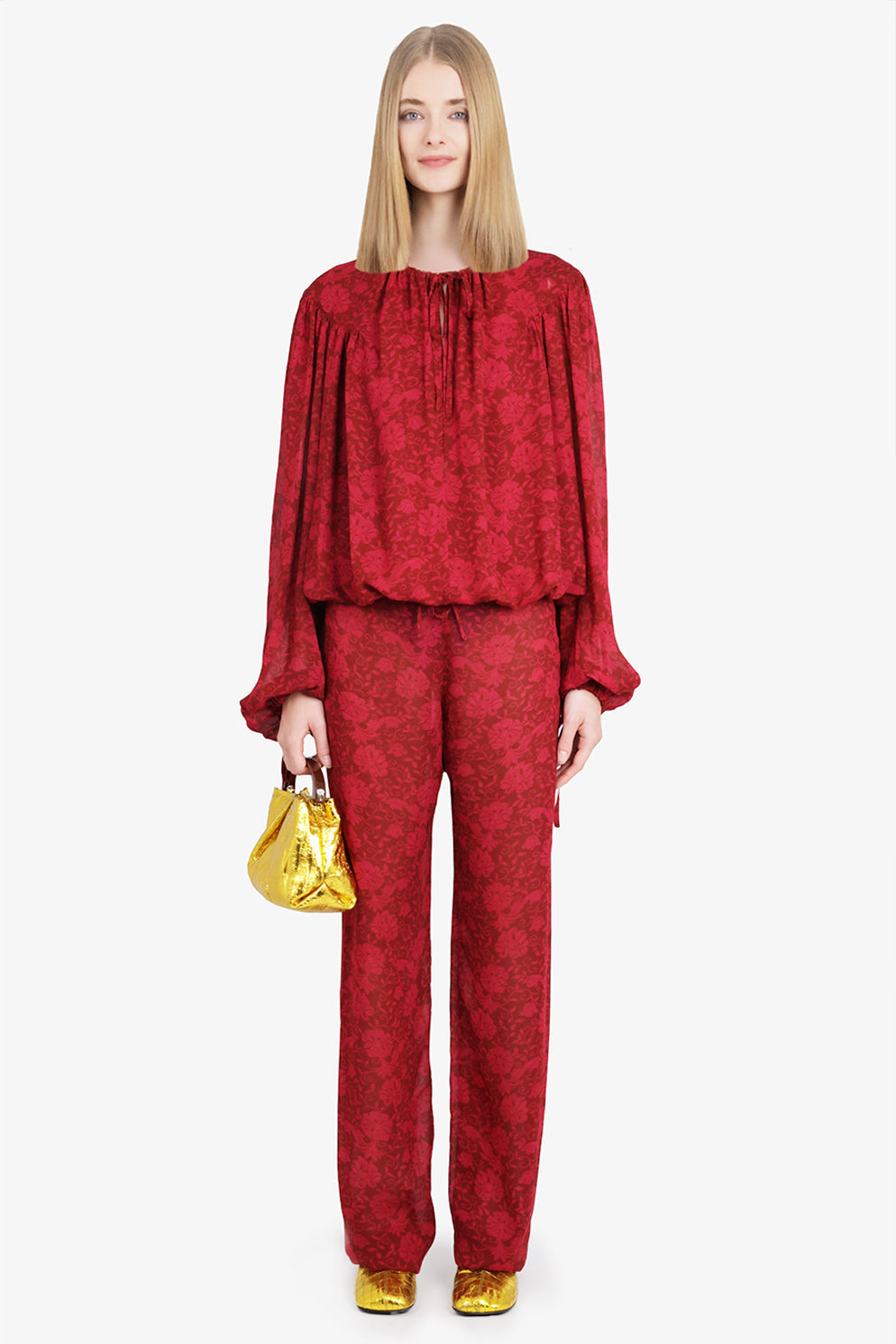 CATTI FLORAL PRINT L/S TIE BLOUSE | CHERRY RED - 3