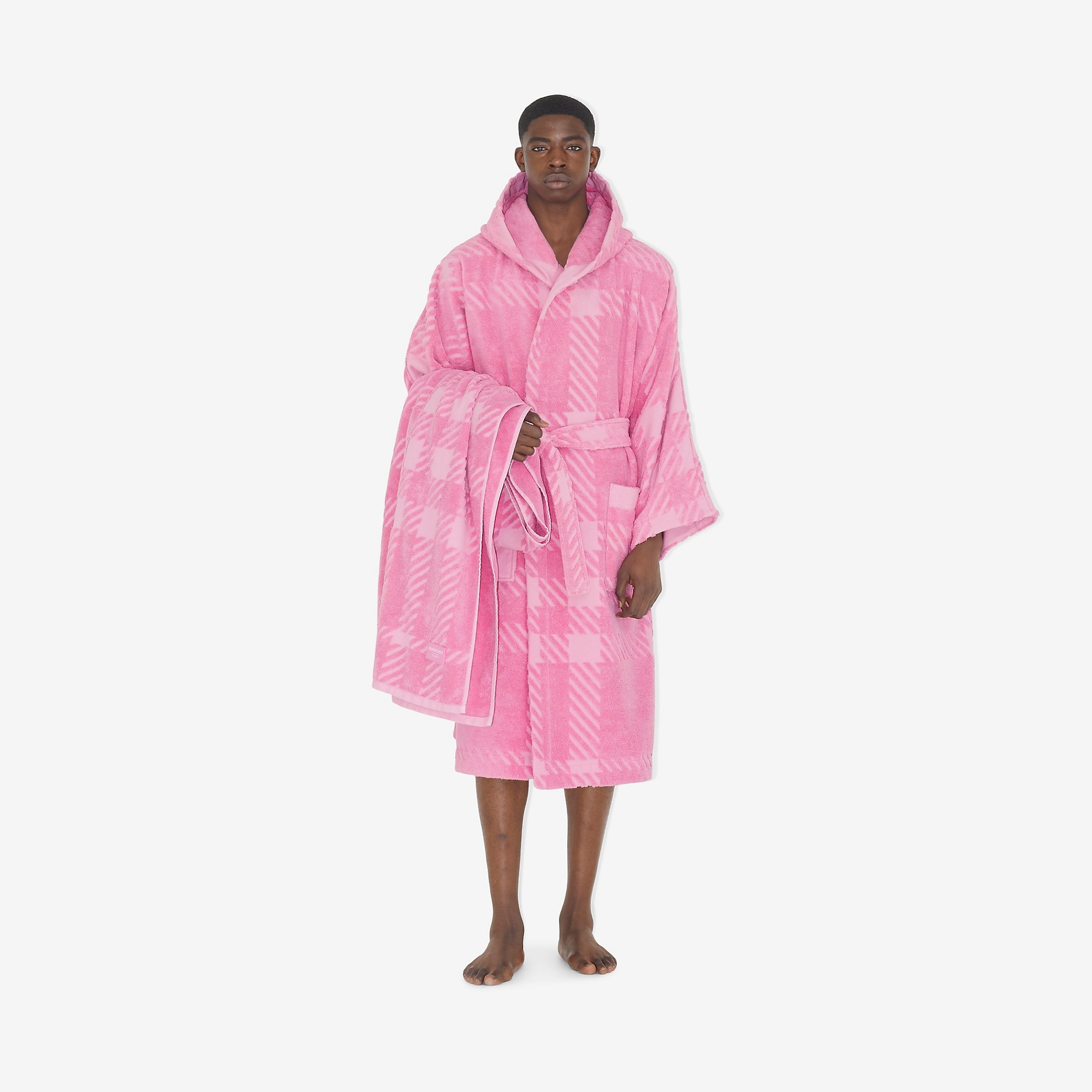 Check Cotton Jacquard Hooded Robe - 5