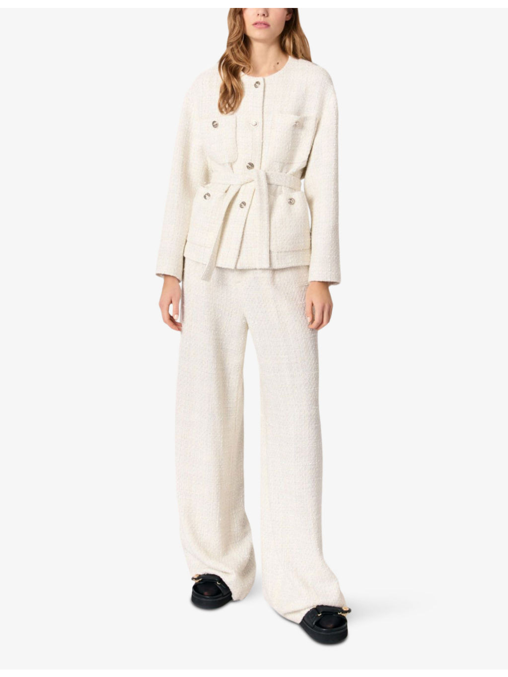 Belted round-neck tweed blazer - 2