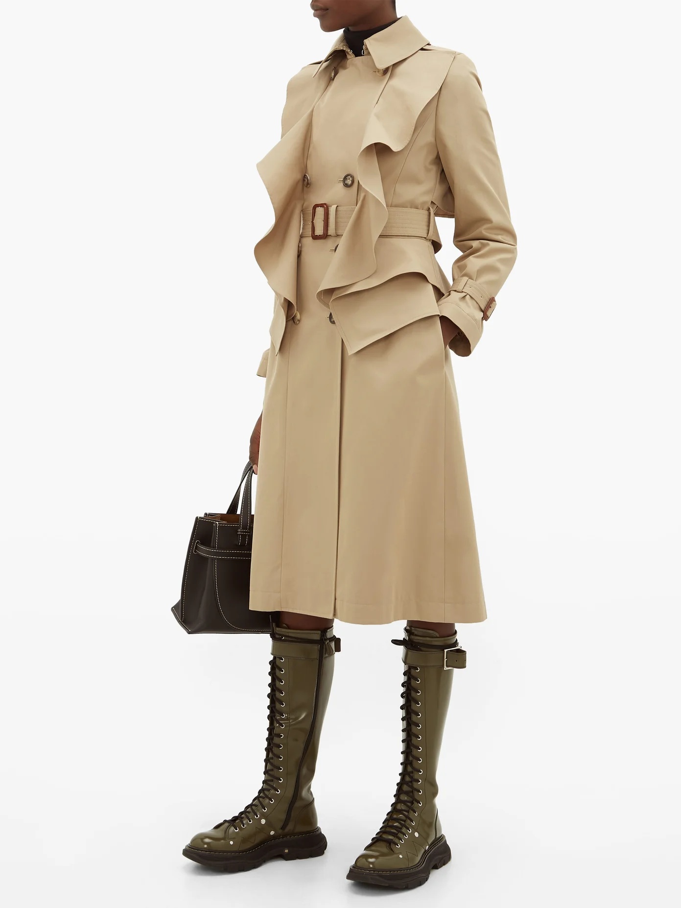 Double-breasted ruffled gabardine trench coat - 3