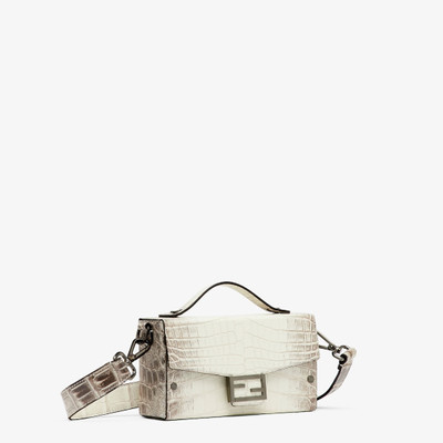 FENDI Small Baguette Soft Trunk made of exquisite crocodile leather in white with dark gray nuances. Flap  outlook