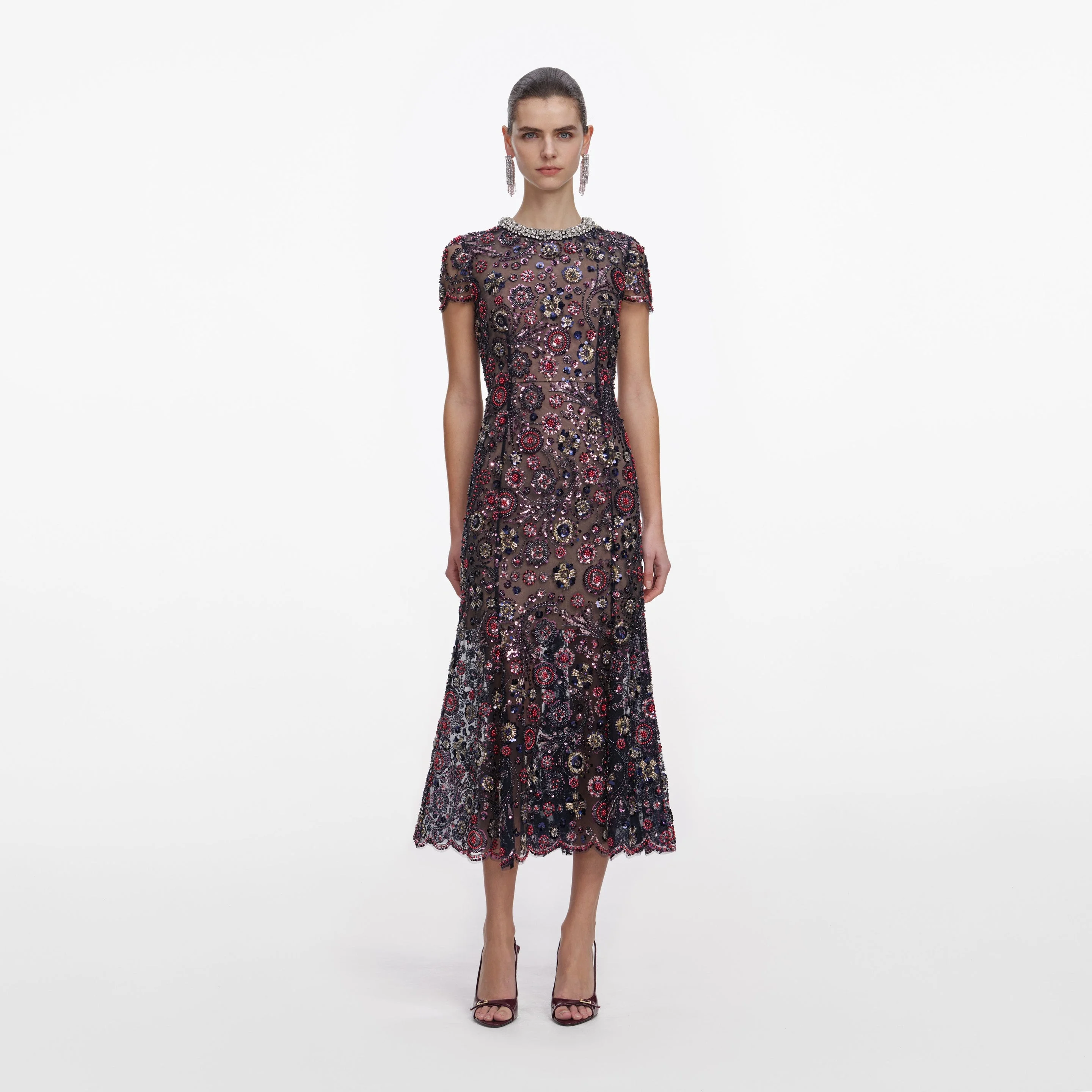 Navy Floral Sequin Midi Dress - 1