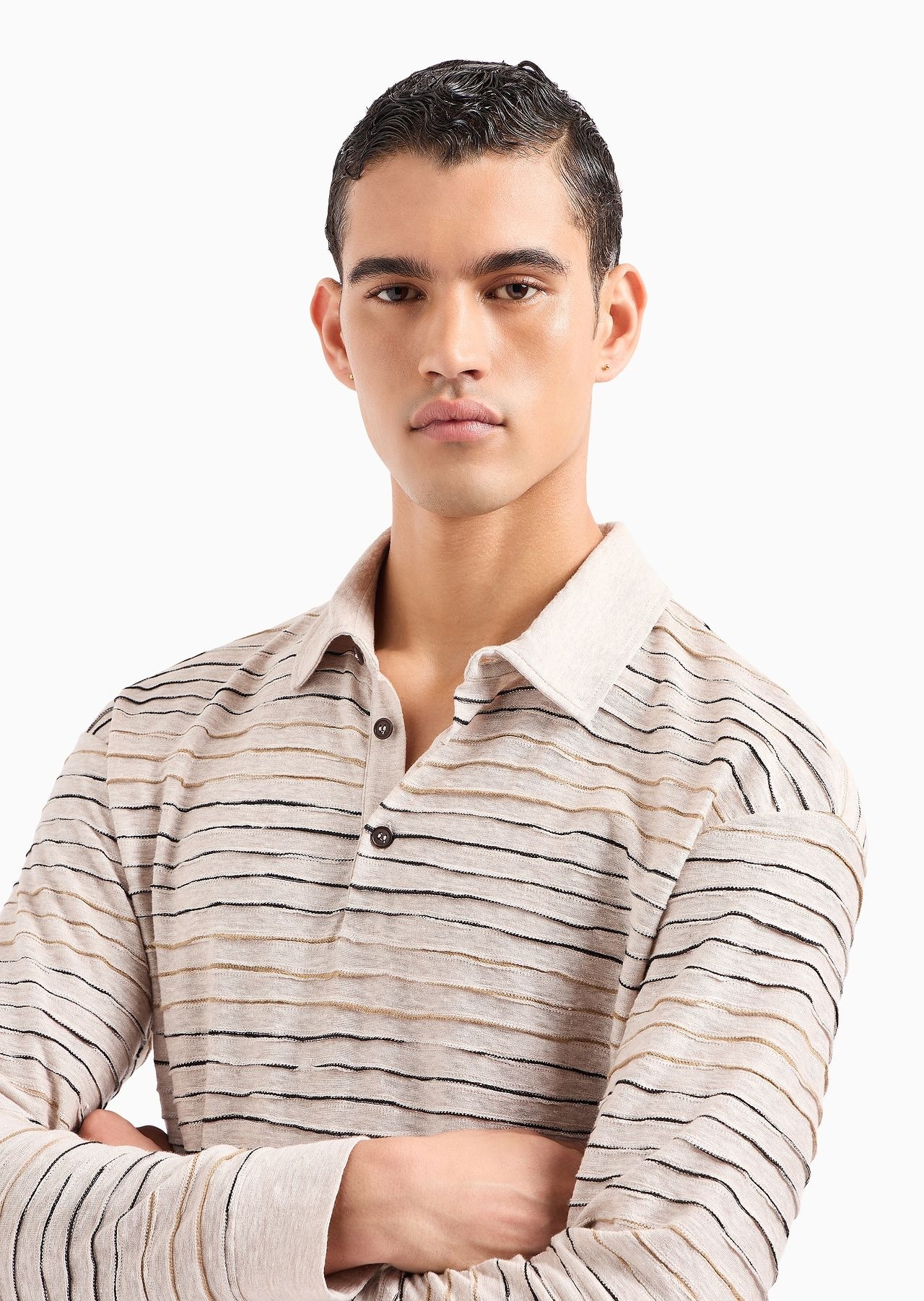 Long-sleeved polo shirt in linen, cotton and viscose jersey jacquard - 5