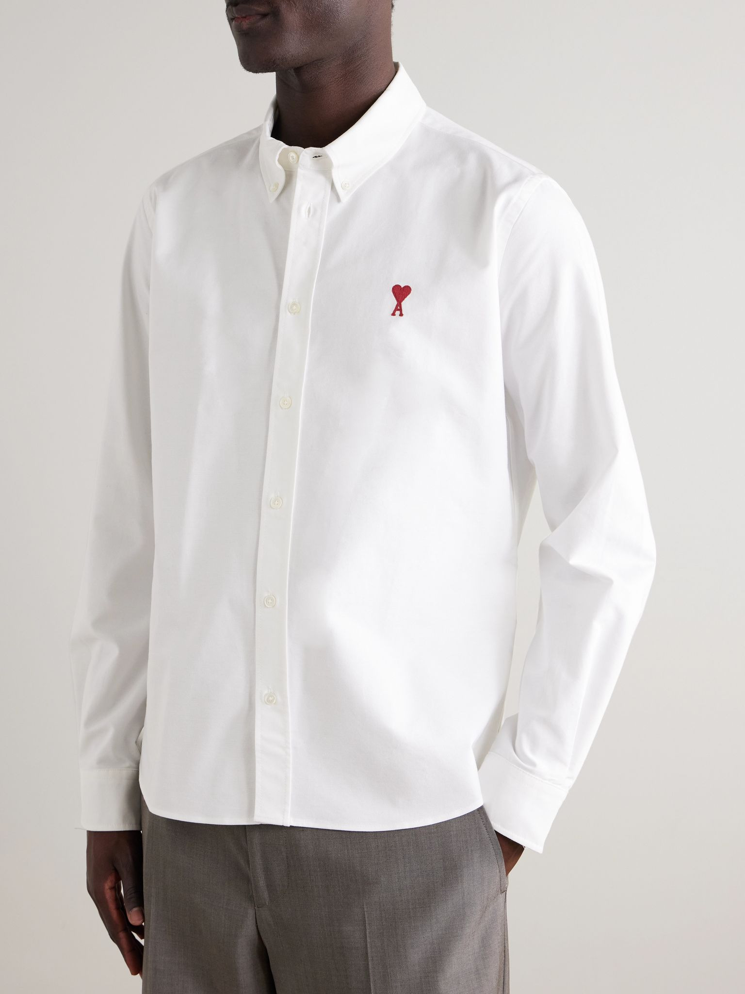 Button-Down Collar Logo-Embroidered Cotton Oxford Shirt White - 3
