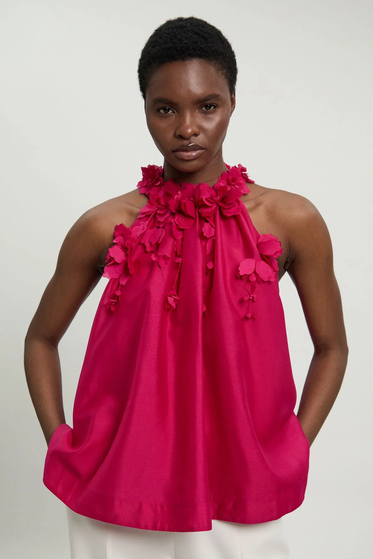 Floral Applique Woven Halter Woven Blouse - 1