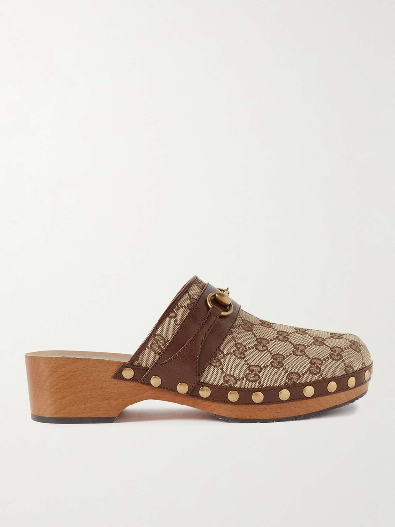 Horsebit Leather-Trimmed Monogrammed Canvas Clogs 1