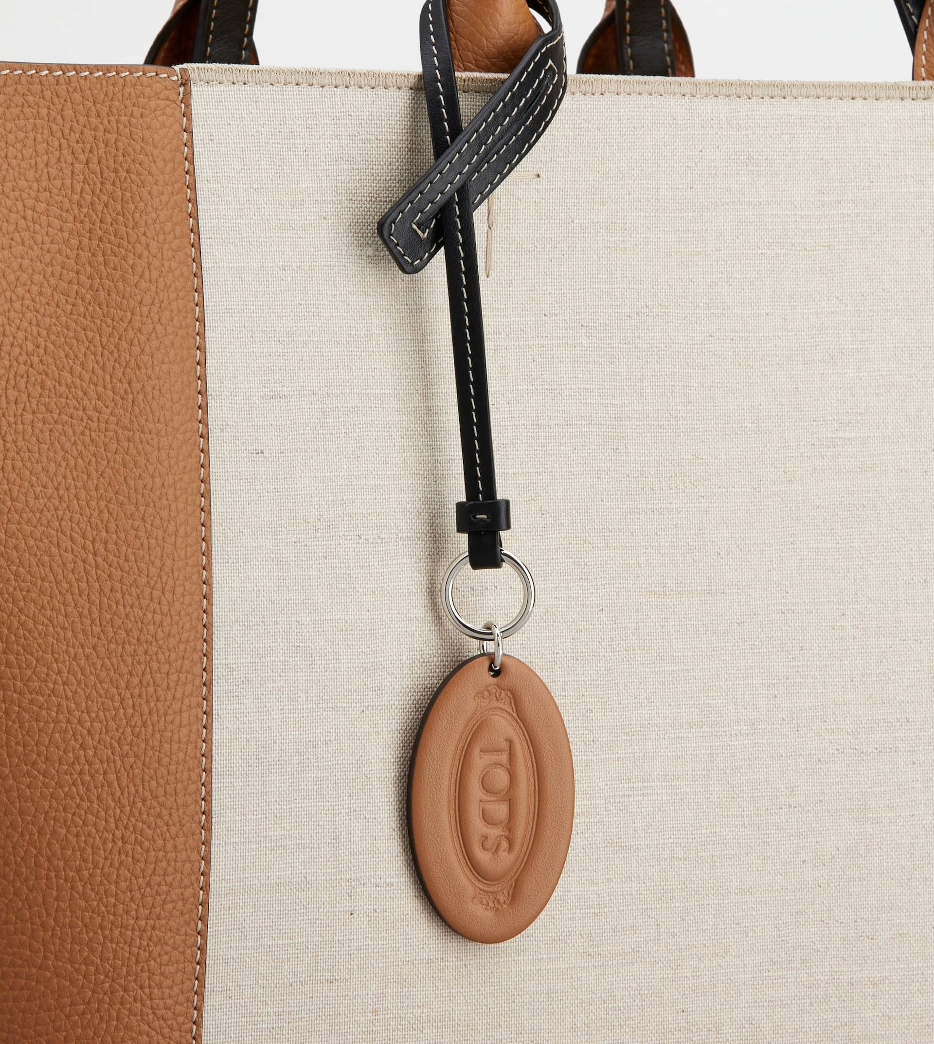 TOD'S DOUBLE UP SHOPPING BAG IN LEATHER AND CANVAS LARGE - BROWN, OFF WHITE - 5