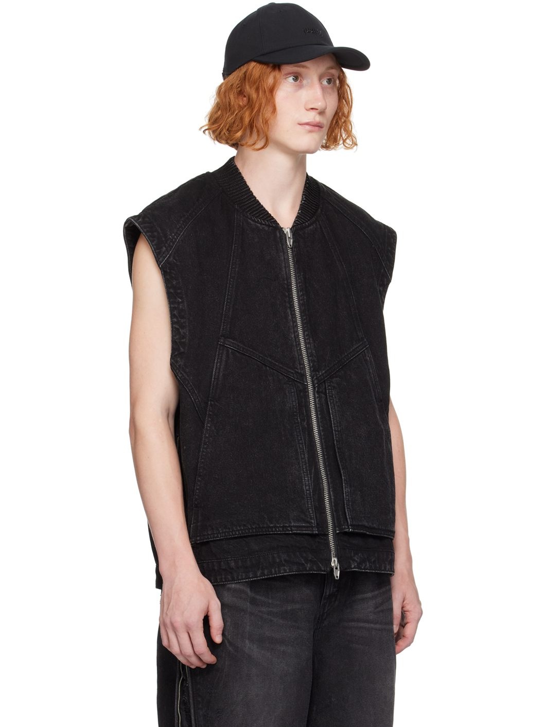Black Oil-Washed Denim Vest - 2