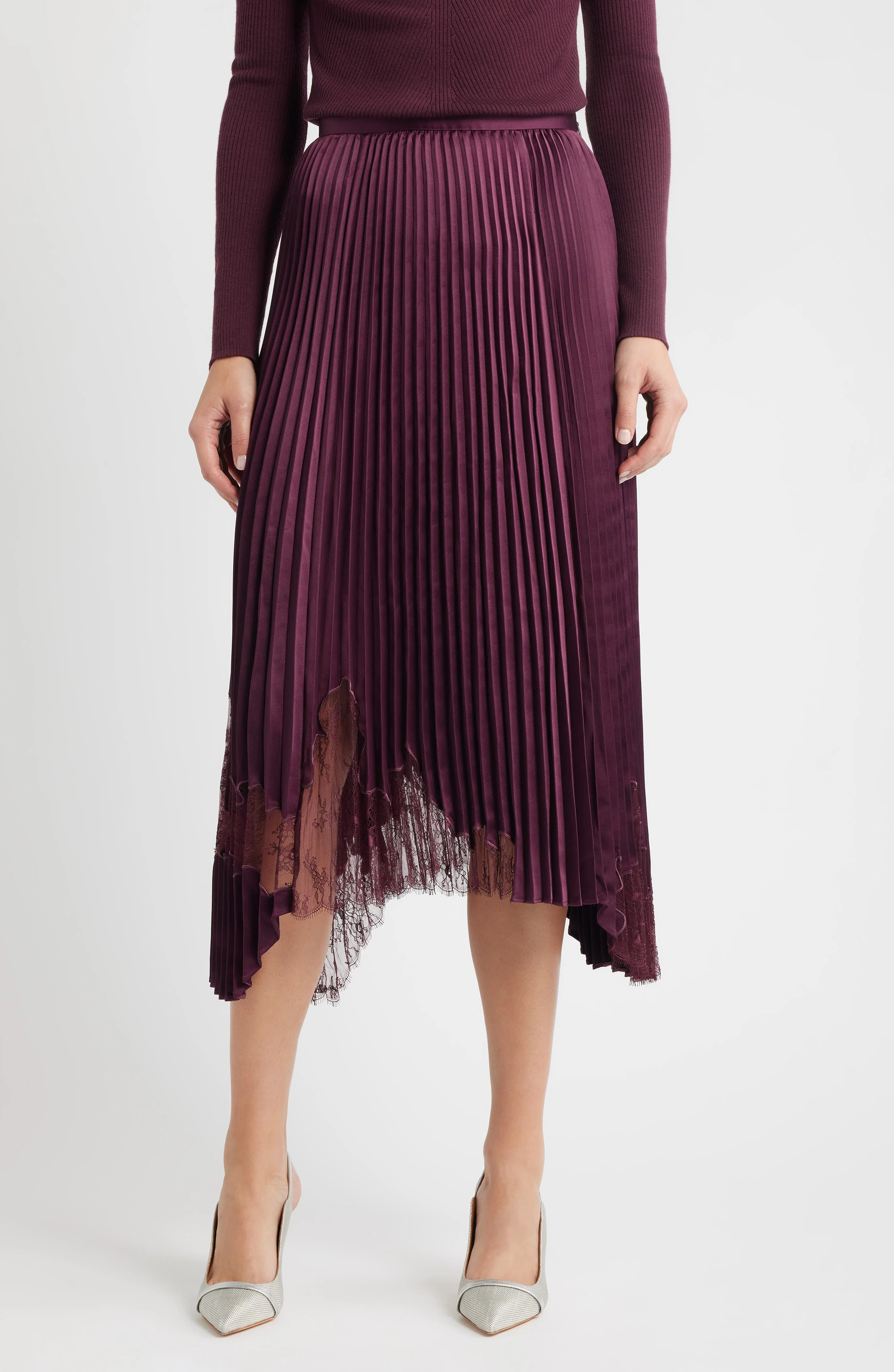 BOSS Velacey Lace Detail Pleated Asymmetric Satin Skirt in Soft Vermillion at Nordstrom - 1