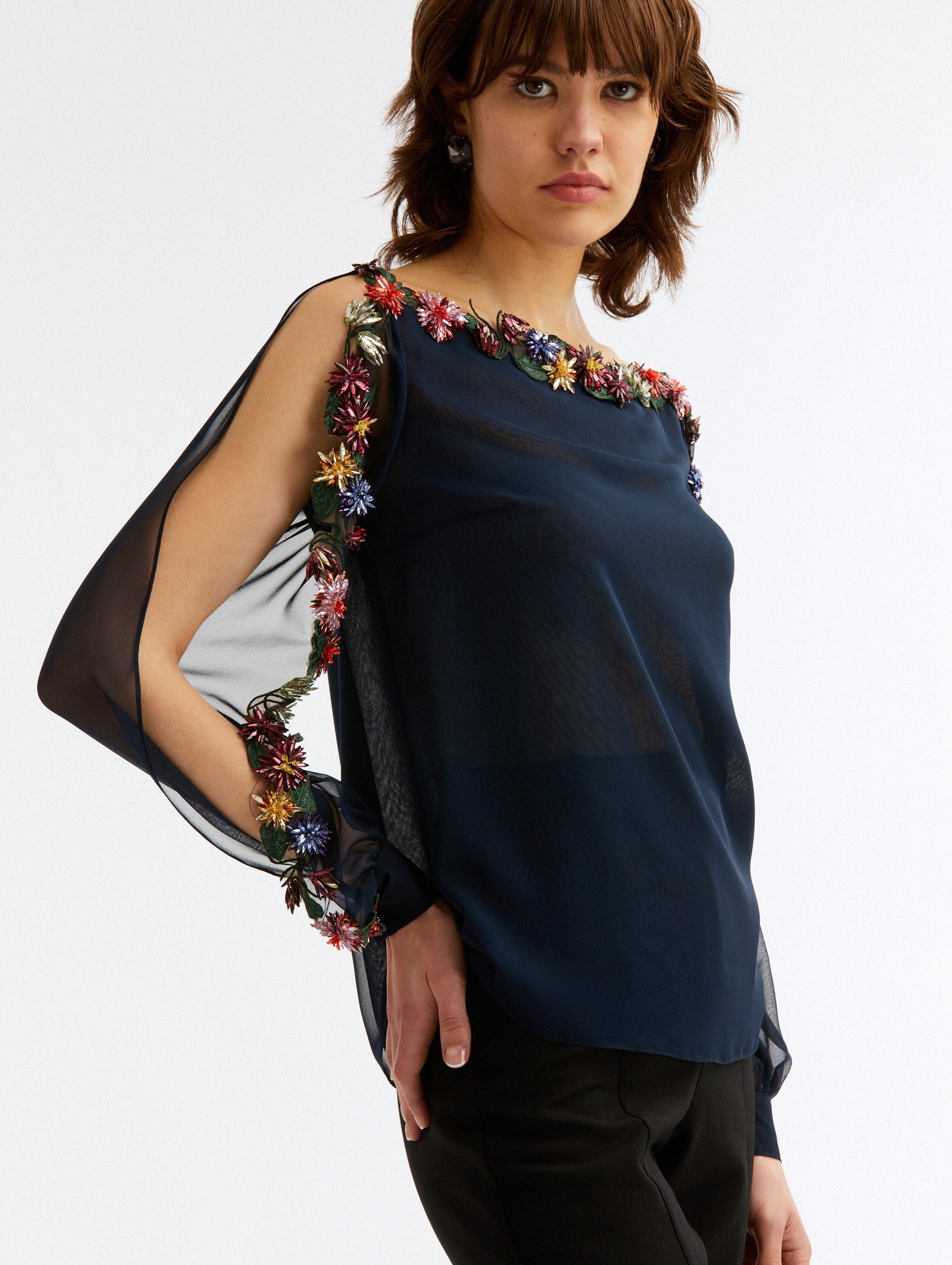 BATEAU NECK CRYSTAL EMBROIDERED BLOUSE - 5