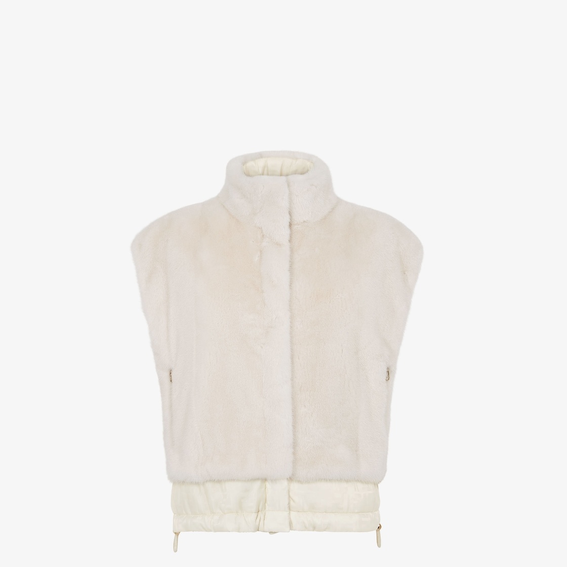 Short reversible vest with high collar and drawstring hem. One side has zipper pockets, the other hi - 1