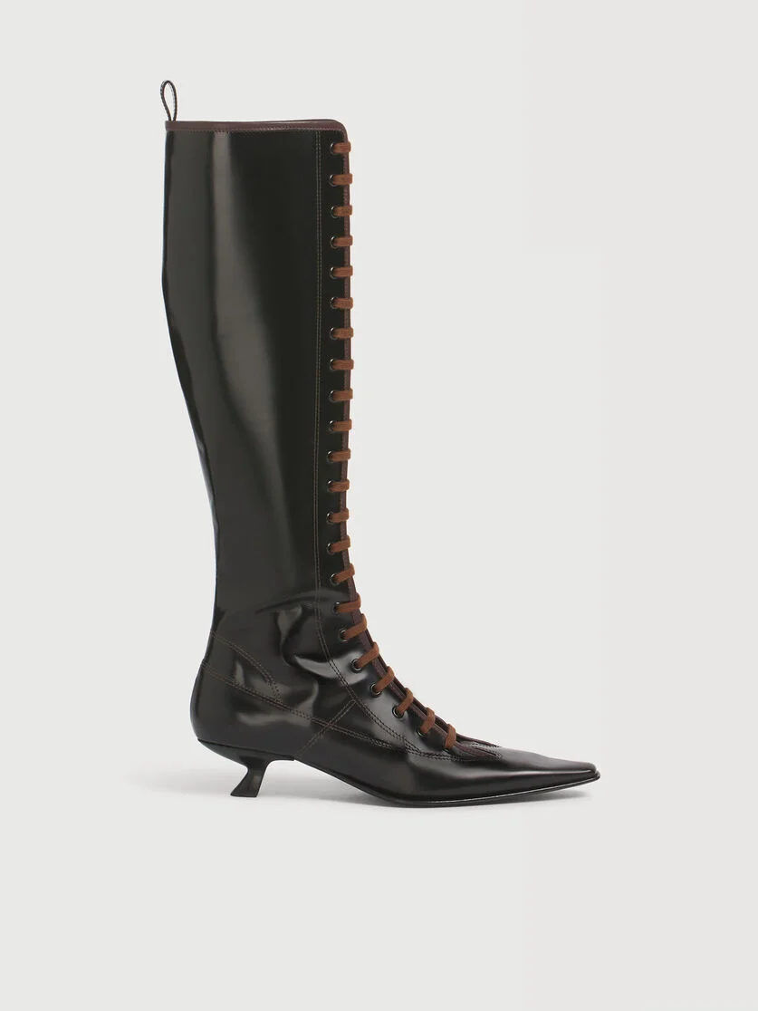 BLACK LEATHER BOOT WITH FULL LACE-UP FRONT - 1