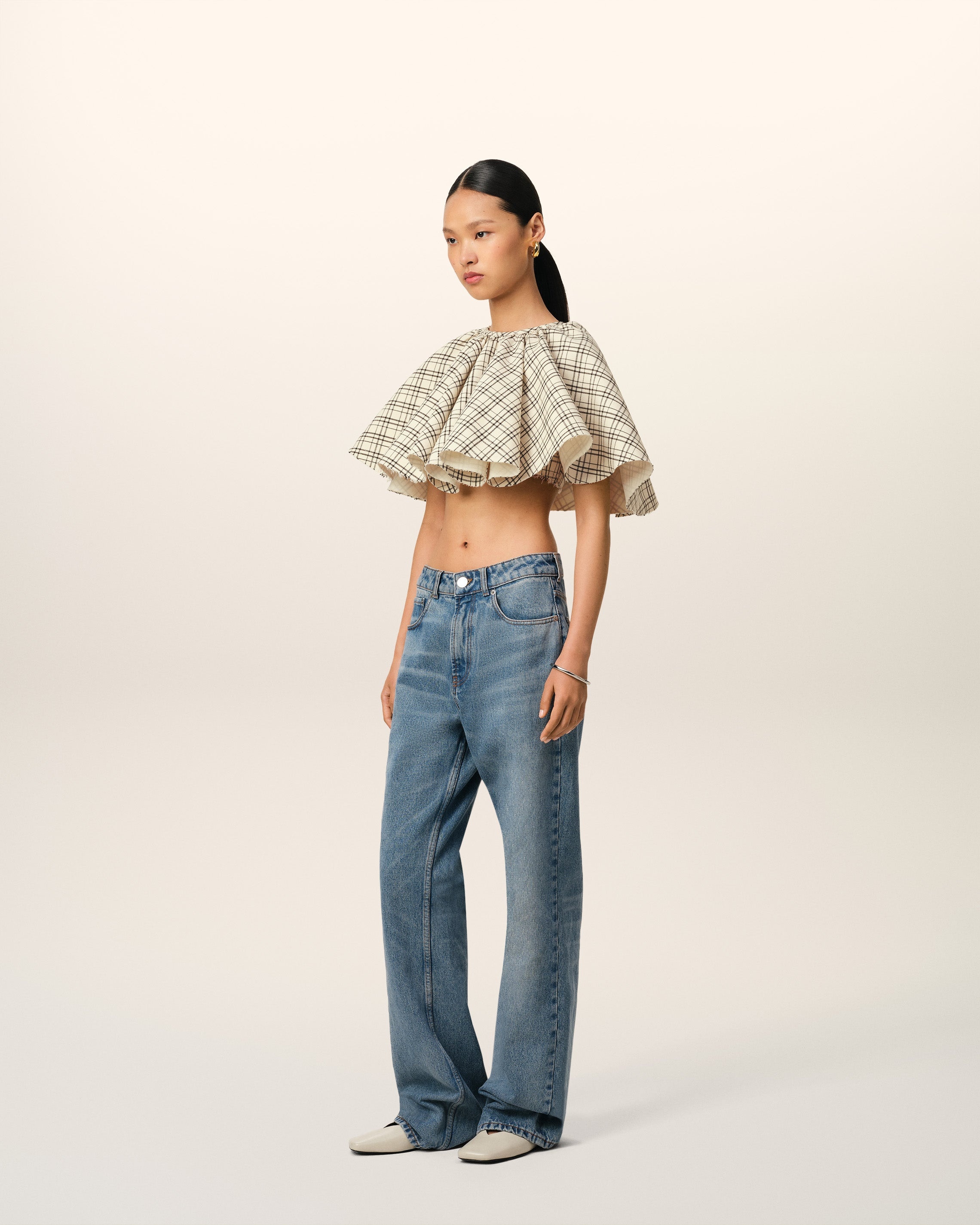 BEIGE CHECKED WOOL RUFFLED TOP - 6