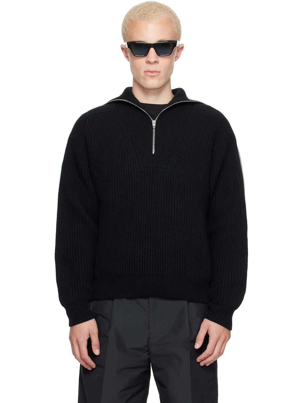 Black LS High Zipped Neck Sweater - 1