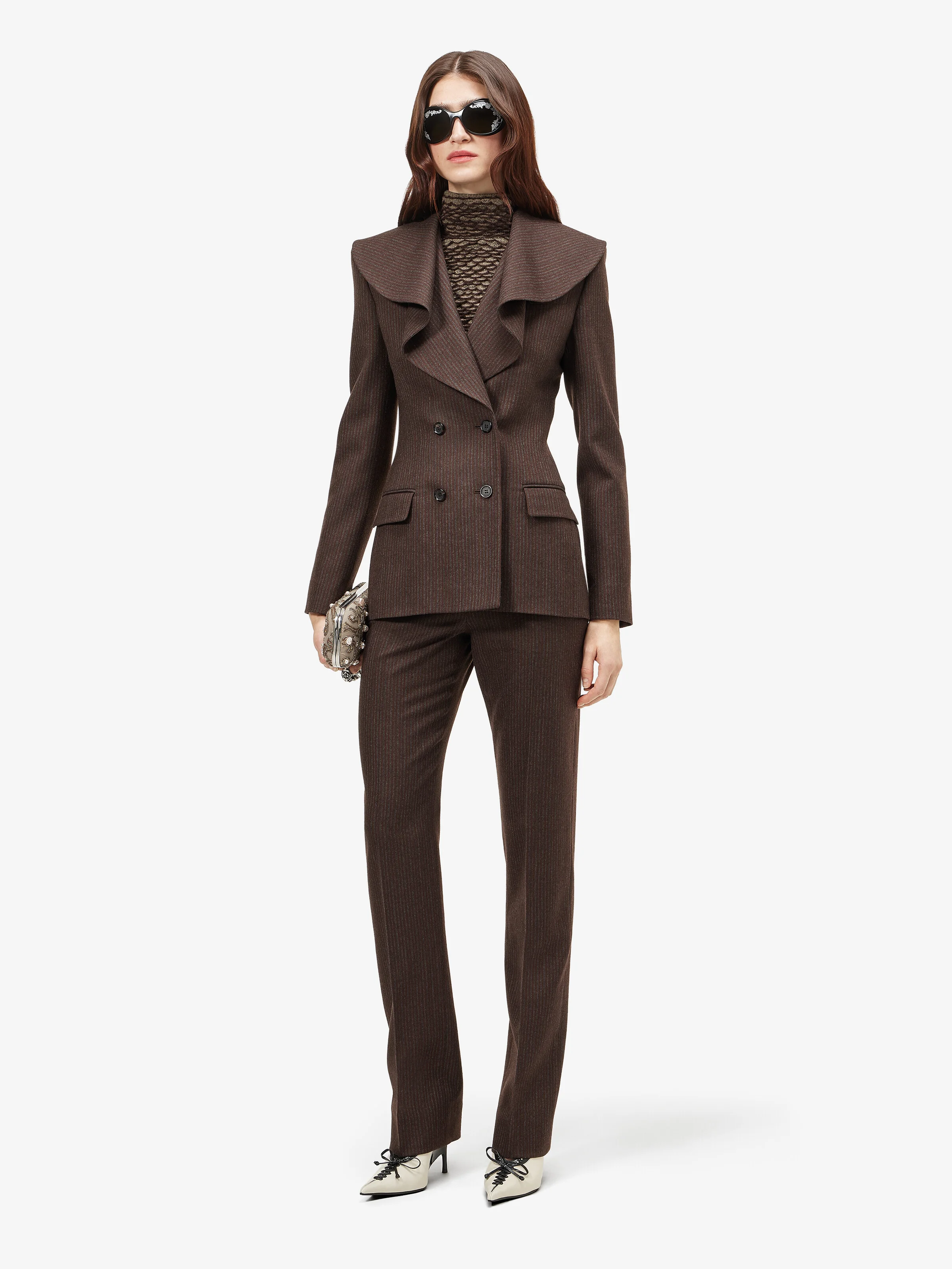 Women's Waterfall Collar Double-breasted Jacket in Dark Brown - 1