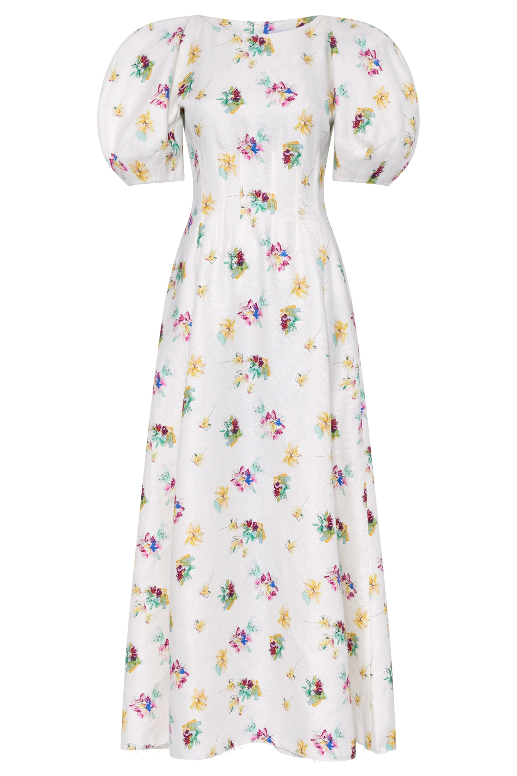 Ranya Puff Sleeve Mia's Flowers Maxi Dress in Ivory Multi Printed Linen Twill - 1