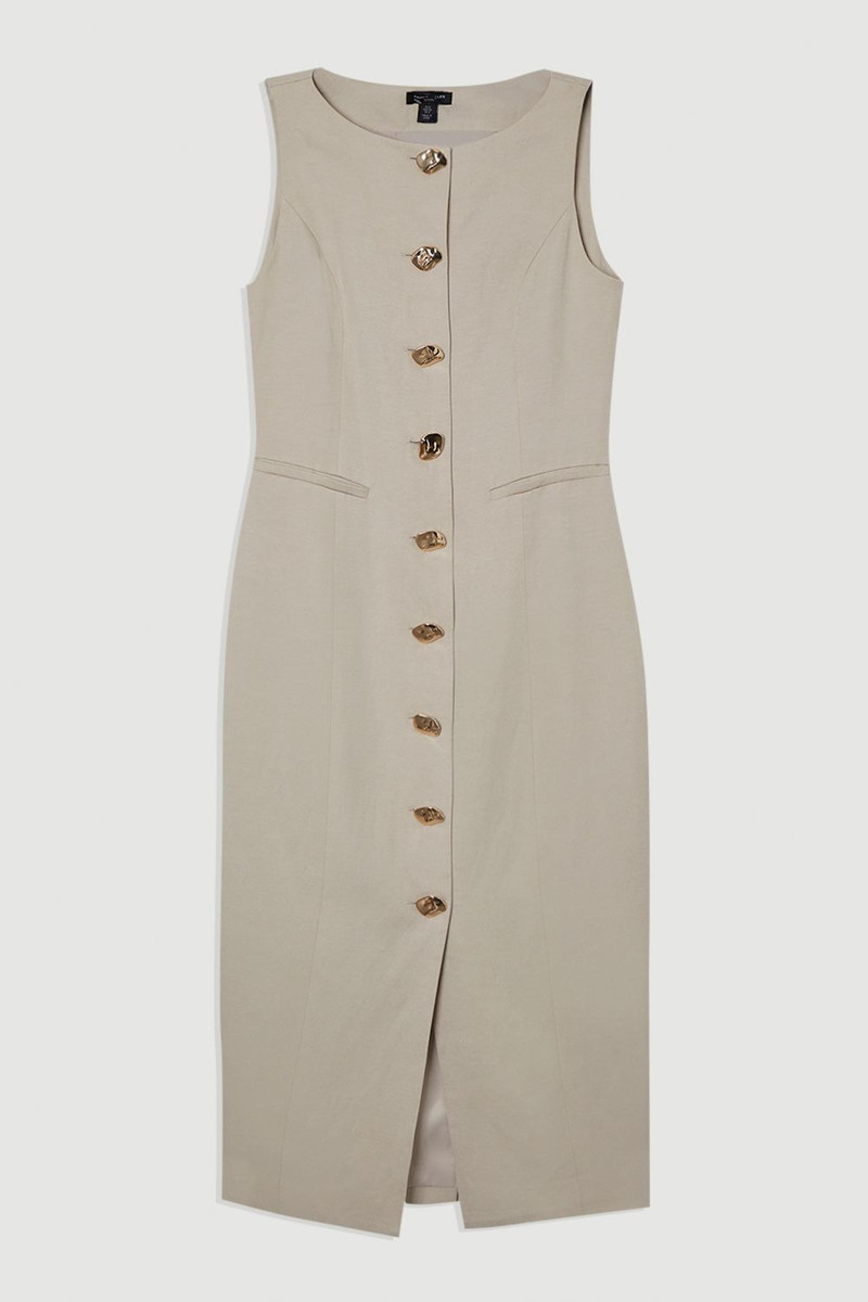 Petite Viscose Linen Tailored Statement Button Front Pencil Midi Dress 4