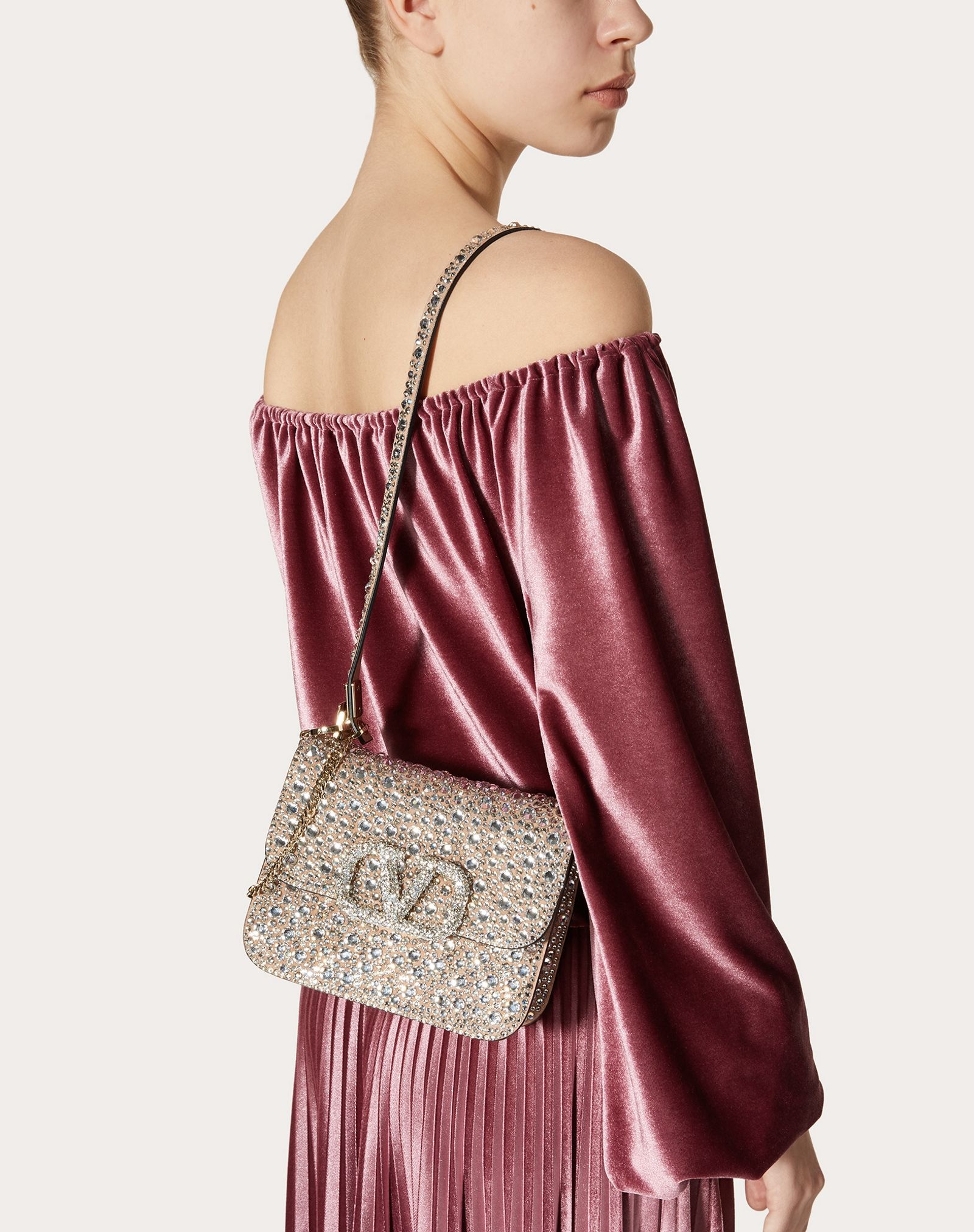 Small VSLING Shiny Calfskin Shoulder Bag with Crystal Embellishments - 6