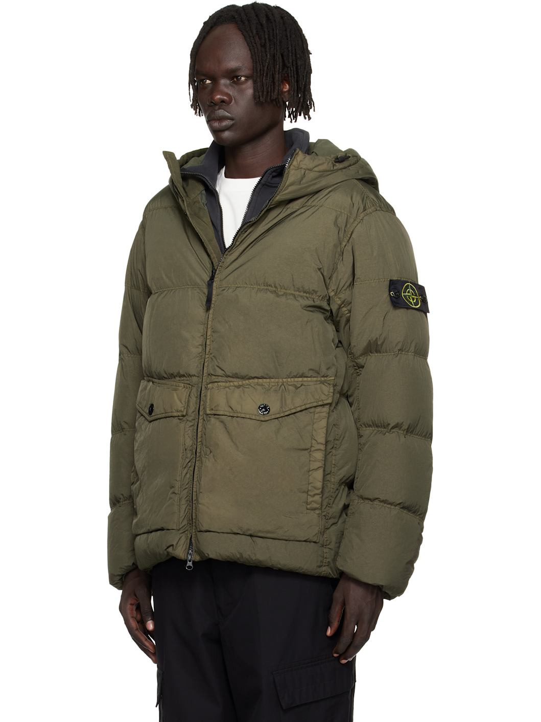 Green 4100011 Hooded Nylon Down Jacket - 4