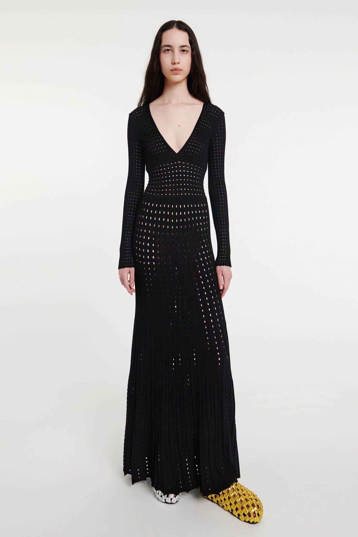 PERFORATED KNIT DRESS WITH LOW V-NECK AND BACK OPENING BLACK - 6